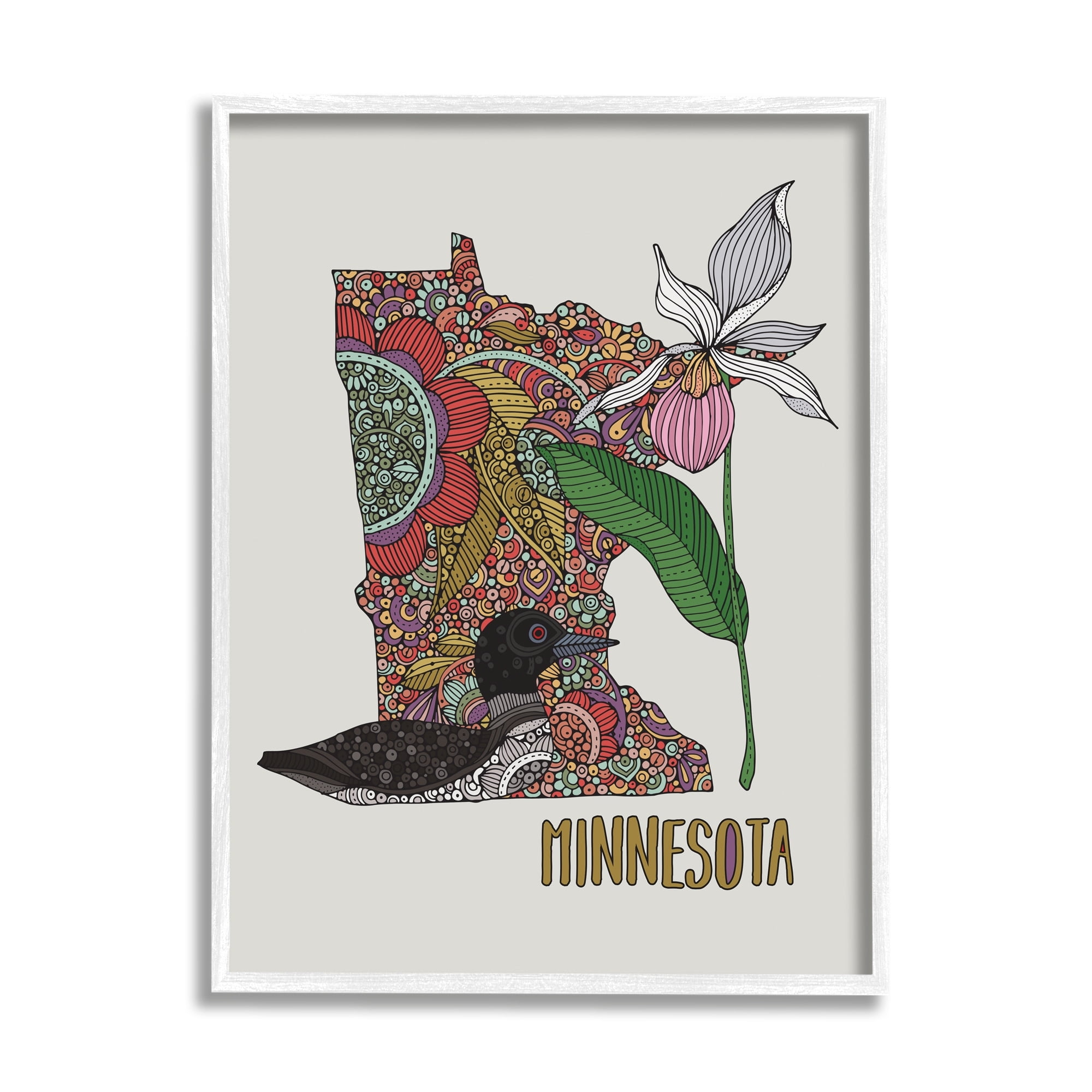 Stupell Industries Minnesota State Loon Bird Intricate Blooming Flowers Graphic Art White Framed Art Print Wall Art, Design by Valentina Harper