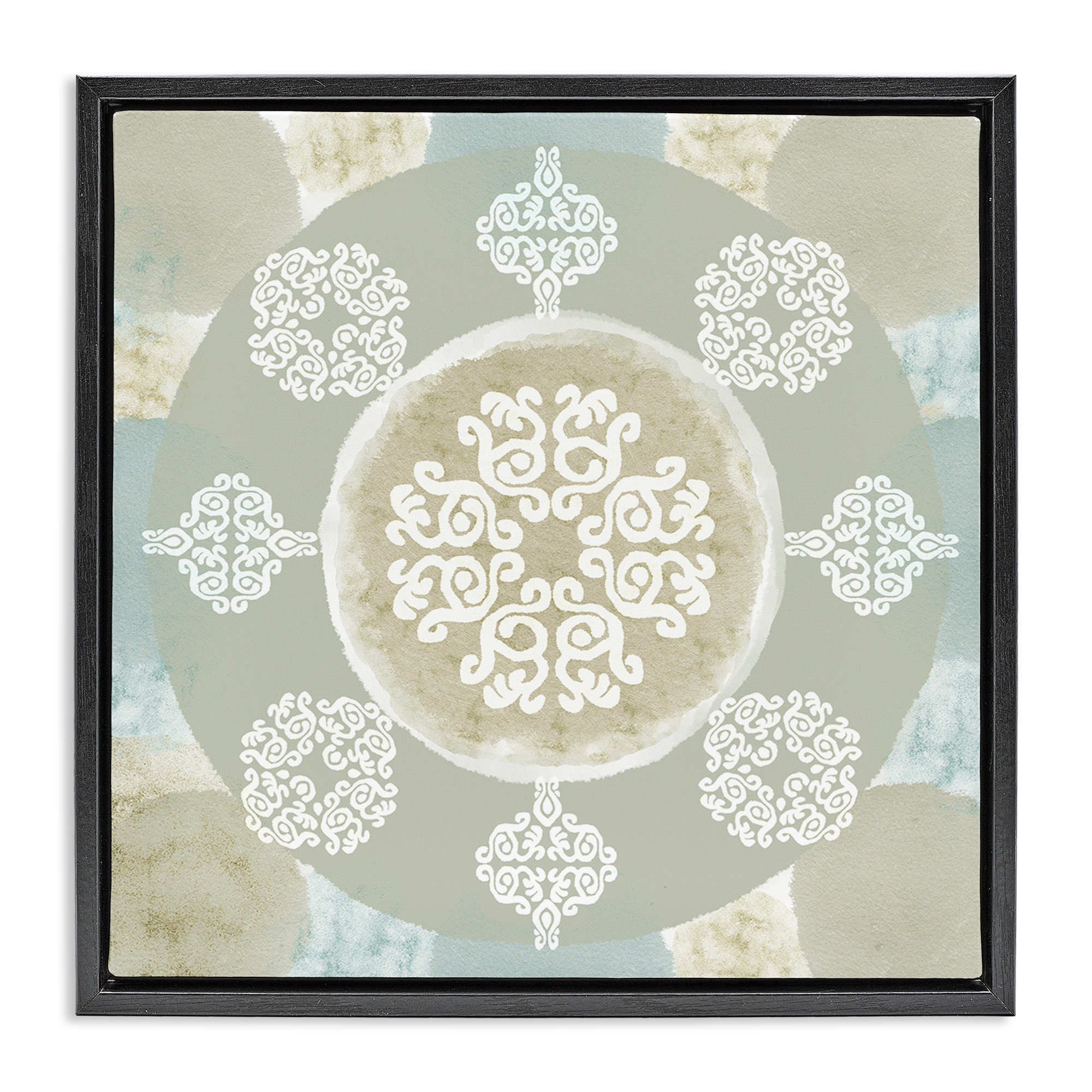 Stupell Industries Mint & Beige Mandala Abstract Painting Black Floater Framed Canvas Art Print Wall Art, 25 x 25