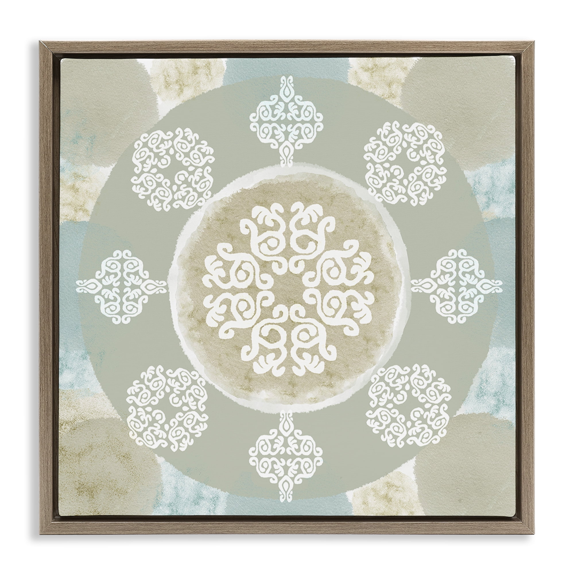 Stupell Industries Mint & Beige Mandala Abstract Painting Brown Floater Framed Canvas Art Print Wall Art, 25 x 25