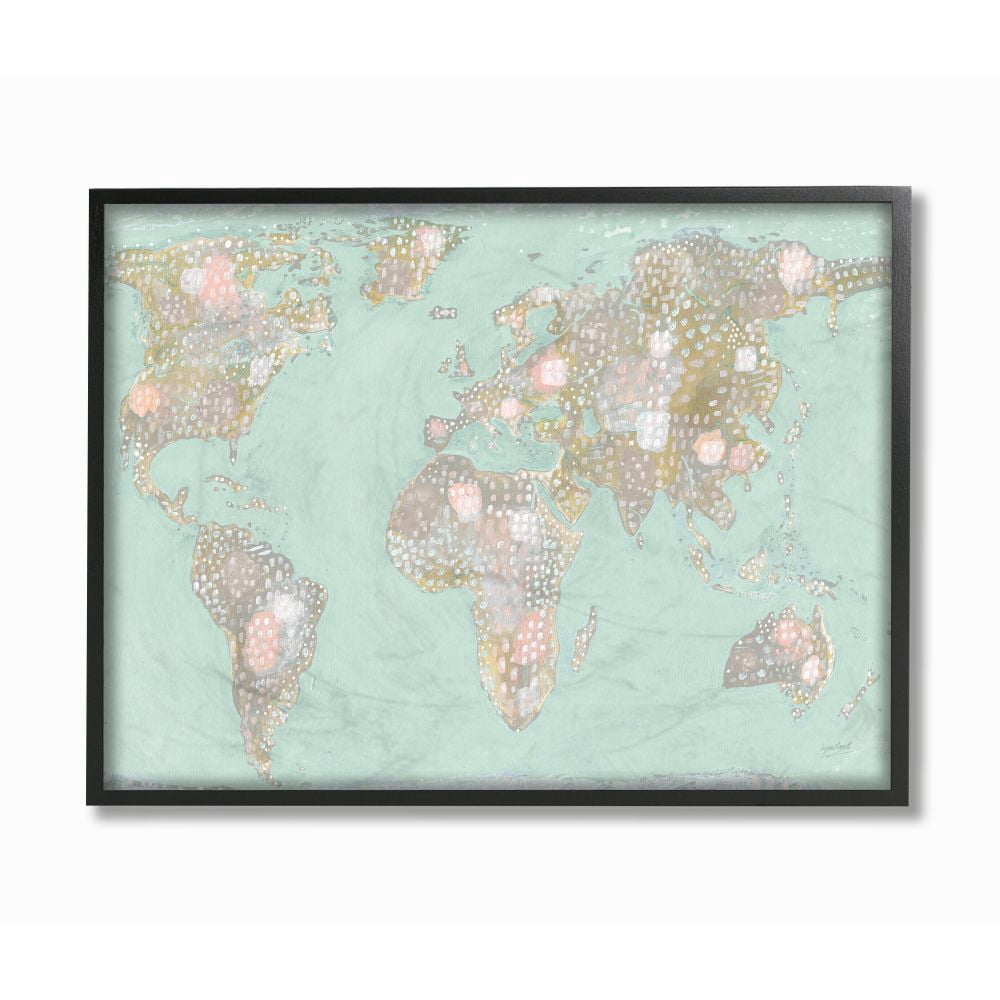 Stupell Industries Mint Brown Patterned Illustrated World Map Framed Wall Art Design by Lynn Mack, 16" x 20", Black Framed