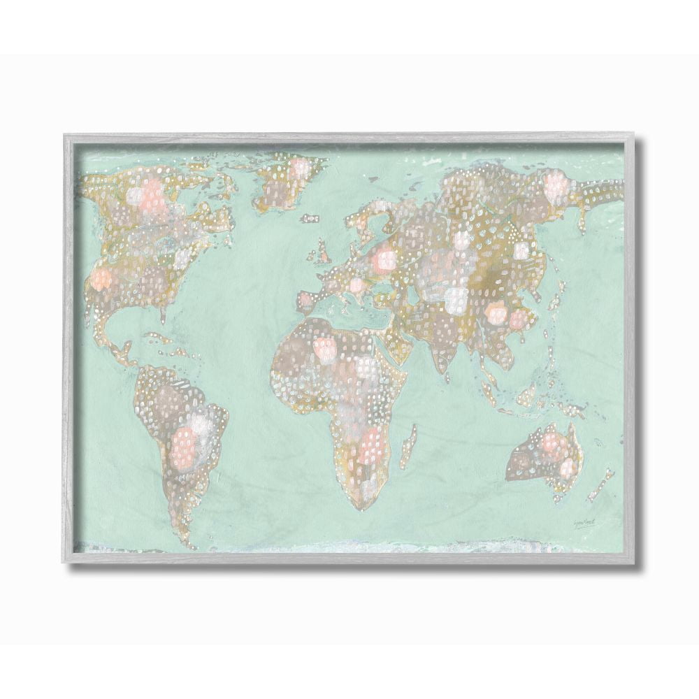 Stupell Industries Mint Brown Patterned Illustrated World Map Framed Wall Art Design by Lynn Mack, 16" x 20", Gray Framed