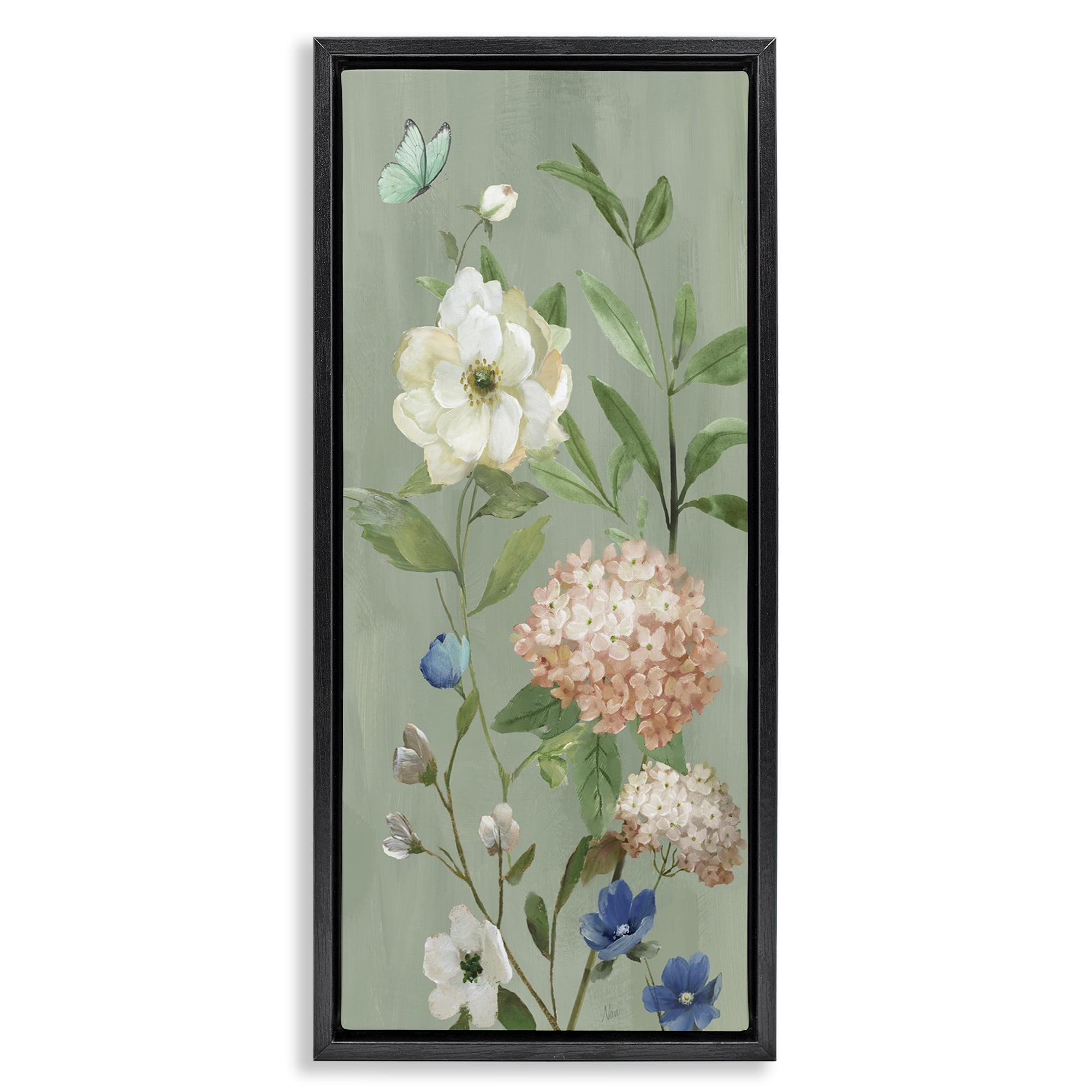 Stupell Industries Mint Floral Cluster & Butterfly Black Framed Floater Canvas Wall Art, design by Nan
