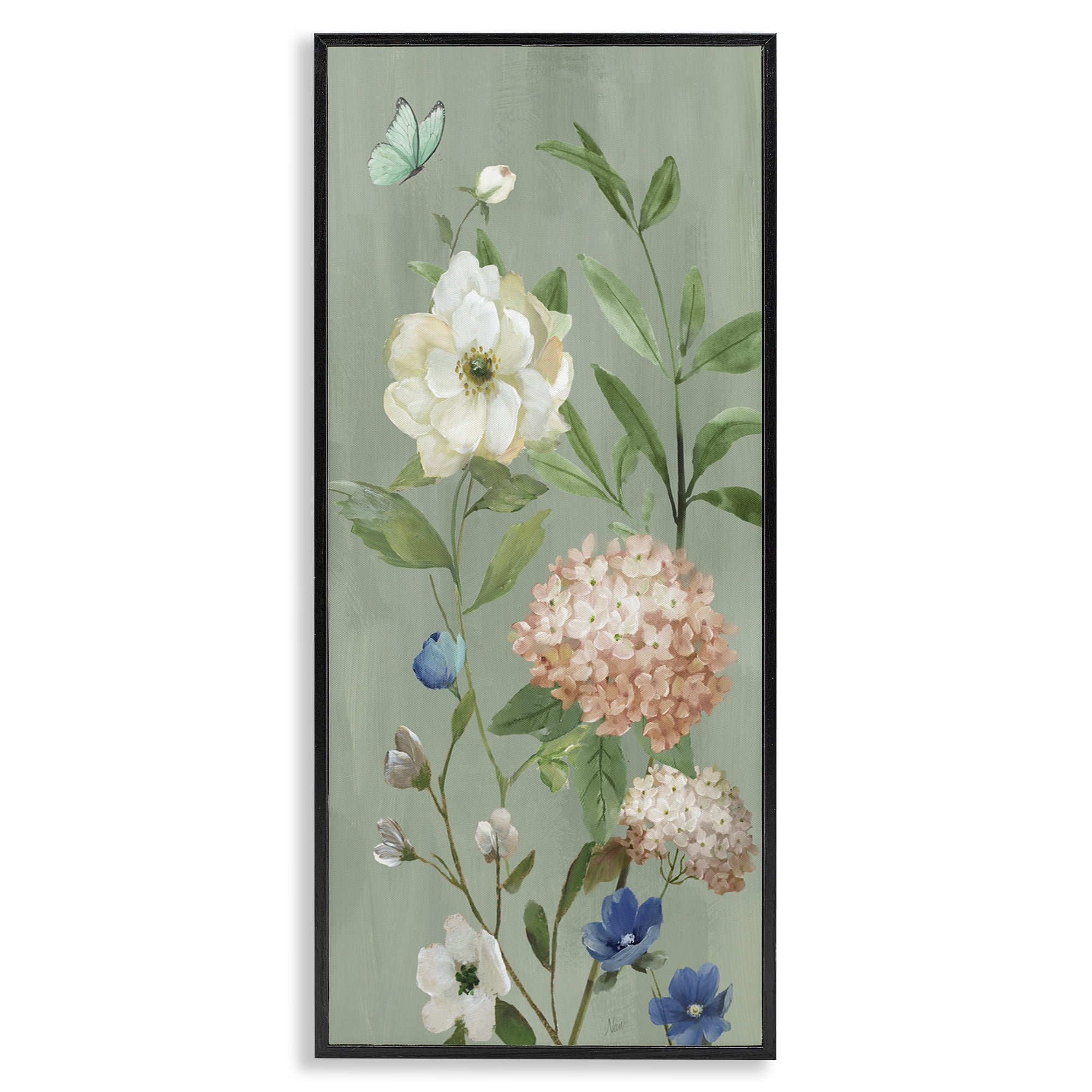 Stupell Industries Mint Floral Cluster & Butterfly Black Framed Giclee Art, design by Nan