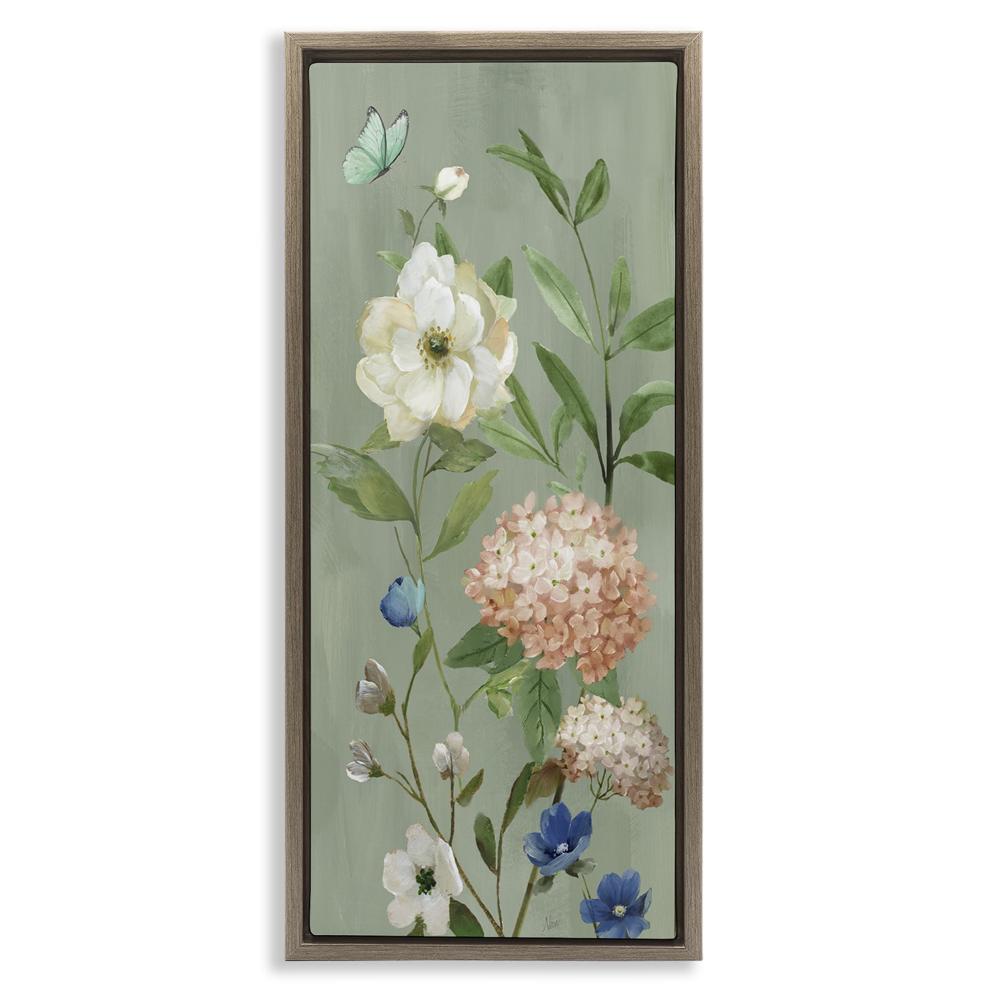 Stupell Industries Mint Floral Cluster & Butterfly Brown Framed Floater Canvas Wall Art, design by Nan