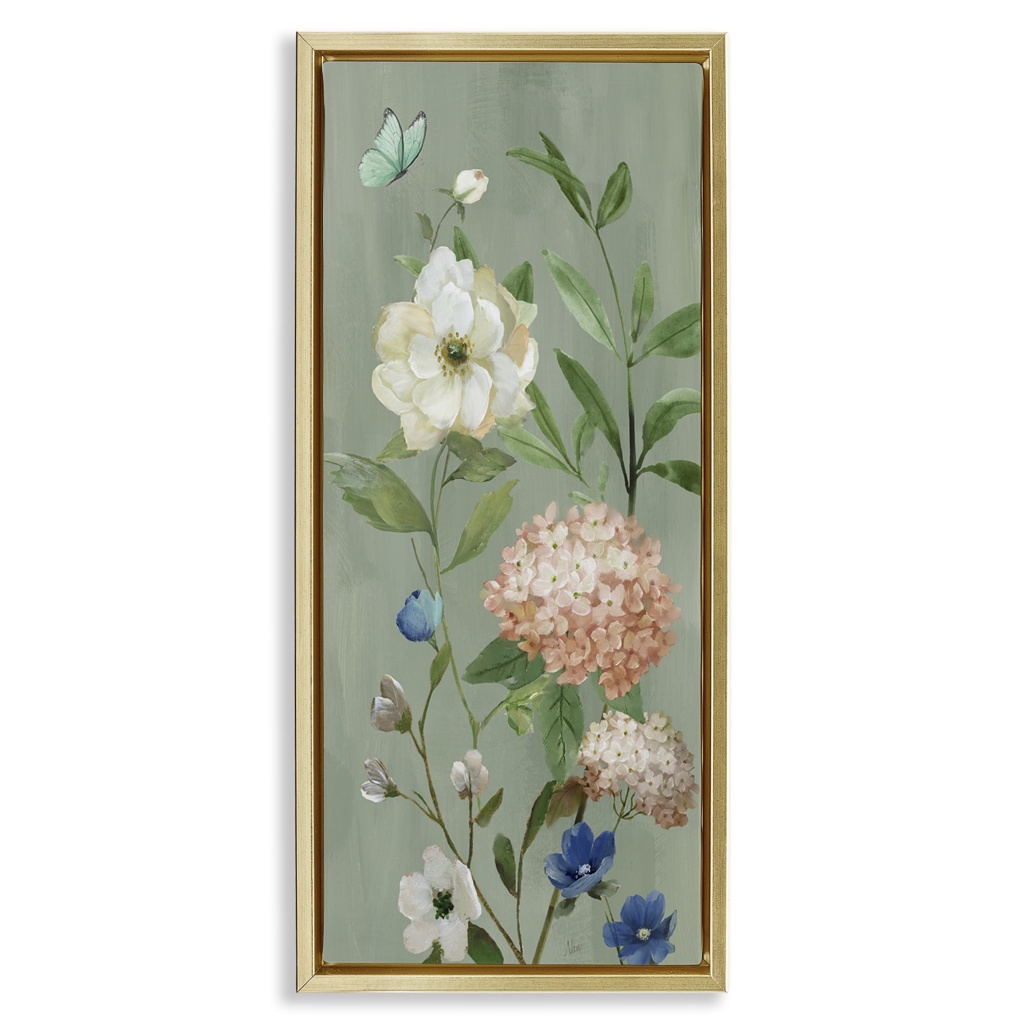 Stupell Industries Mint Floral Cluster & Butterfly Gold Framed Floater Canvas Wall Art, design by Nan