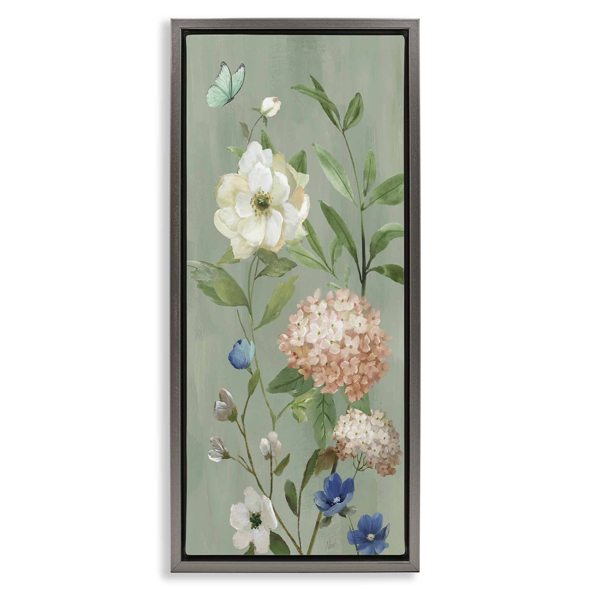 Stupell Industries Mint Floral Cluster & Butterfly Gray Framed Floater Canvas Wall Art, design by Nan