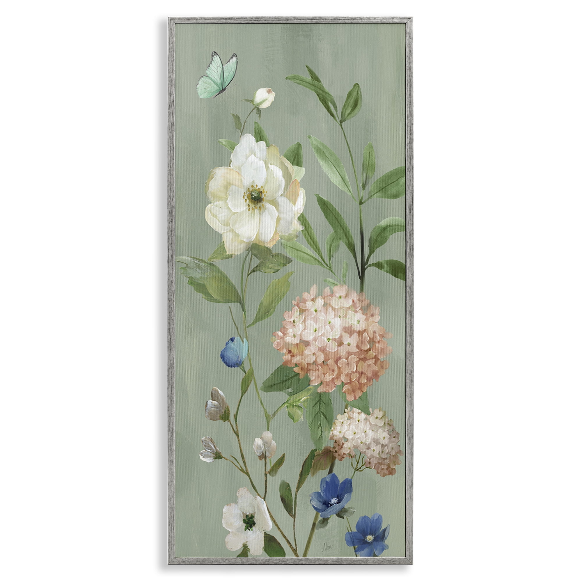 Stupell Industries Mint Floral Cluster & Butterfly Gray Framed Giclee Art, design by Nan