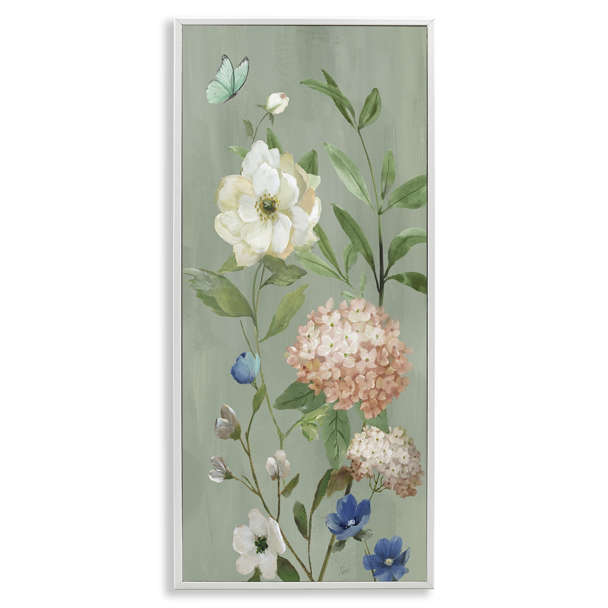 Stupell Industries Mint Floral Cluster & Butterfly White Framed Giclee Art, design by Nan