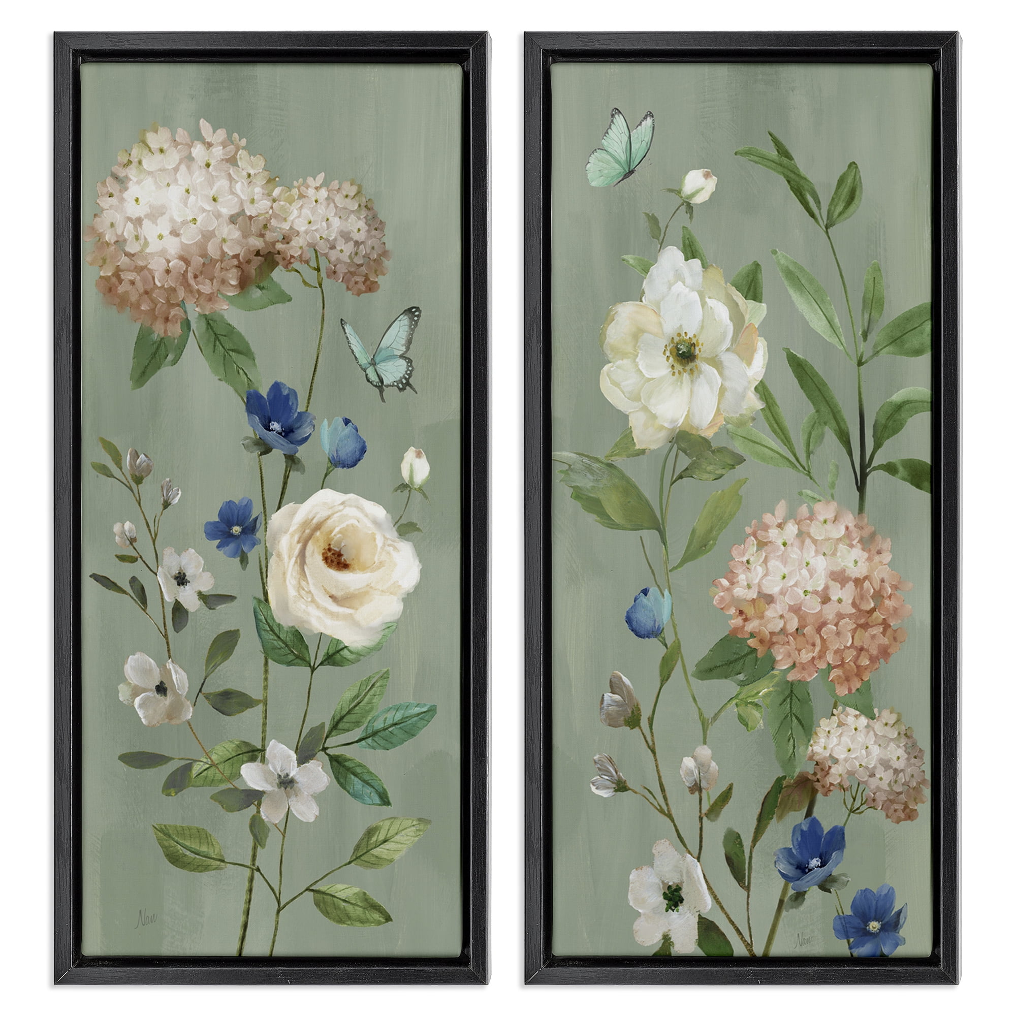 Stupell Industries Mint Hydrangeas & Roses 2 Piece Black Framed Floater Canvas Set, design by Nan