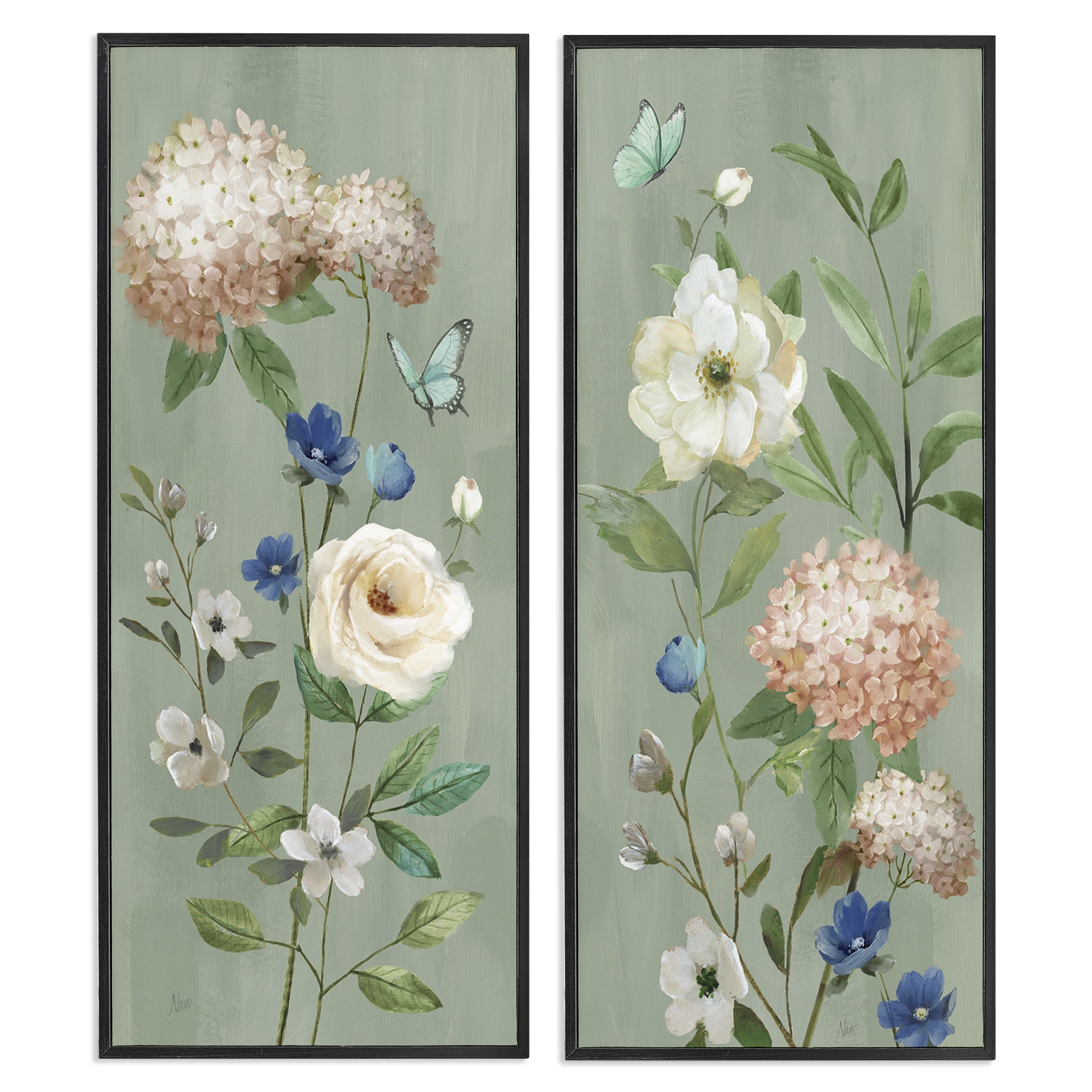 Stupell Industries Mint Hydrangeas & Roses 2 Piece Black Framed Giclee Art Set, design by Nan
