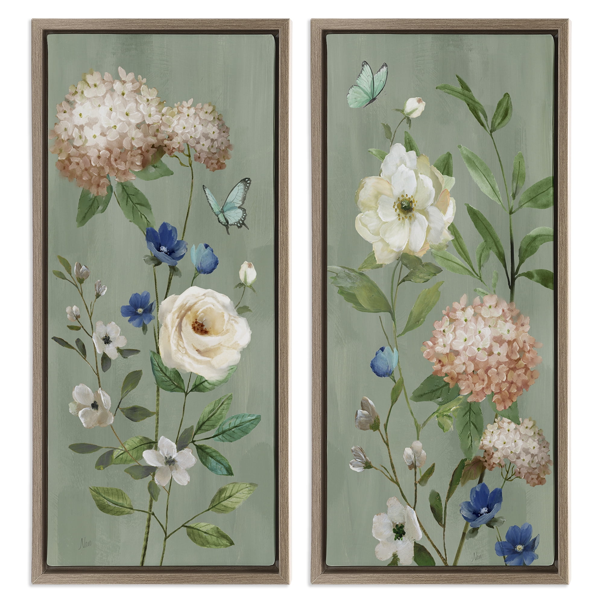 Stupell Industries Mint Hydrangeas & Roses 2 Piece Brown Framed Floater Canvas Set, design by Nan