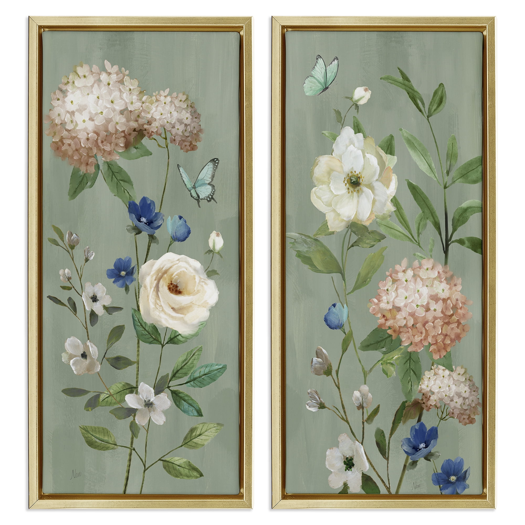 Stupell Industries Mint Hydrangeas & Roses 2 Piece Gold Framed Floater Canvas Set, design by Nan