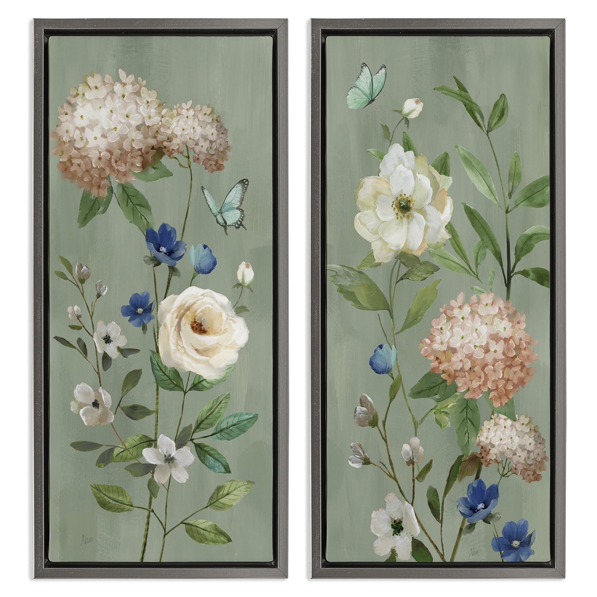 Stupell Industries Mint Hydrangeas & Roses 2 Piece Gray Framed Floater Canvas Set, design by Nan
