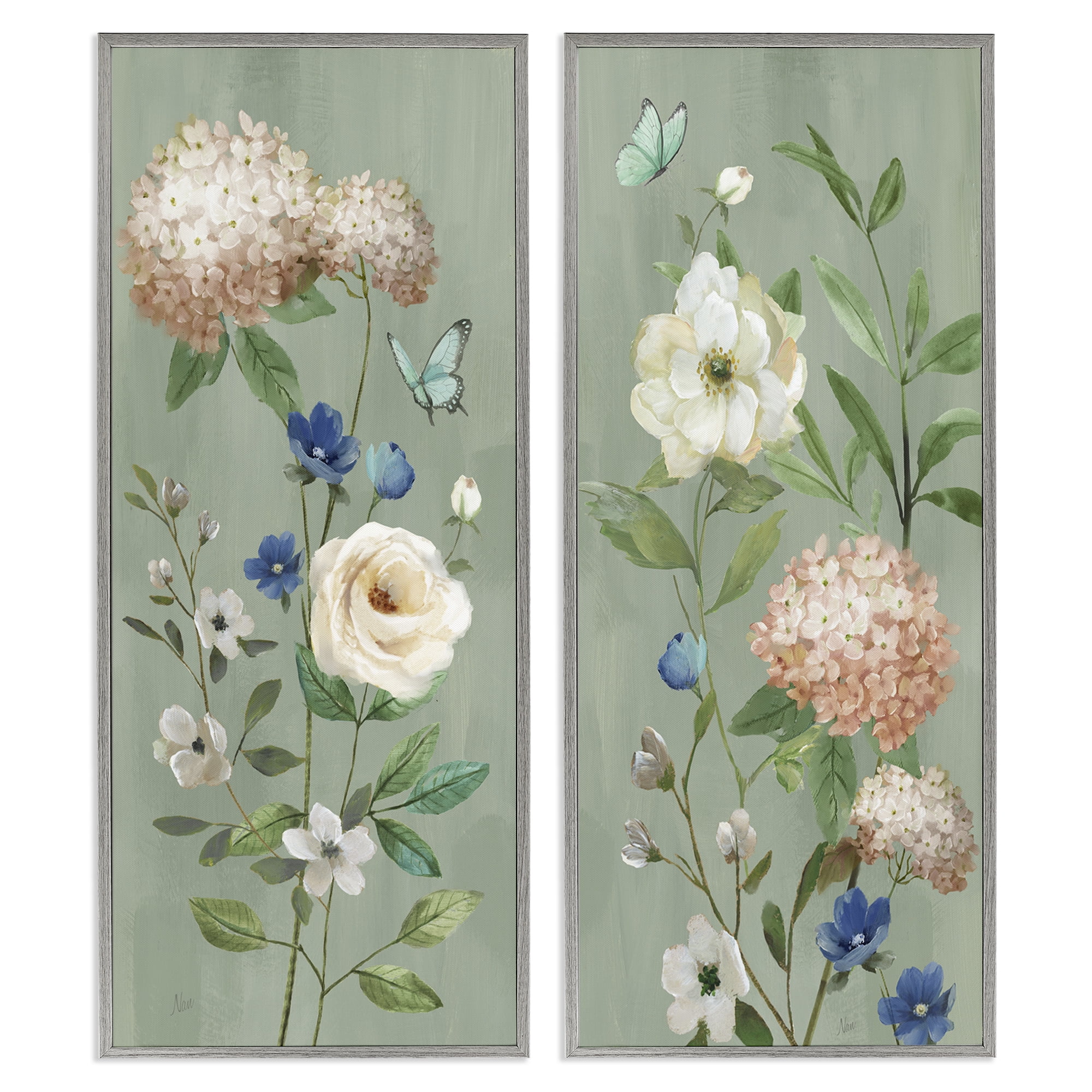 Stupell Industries Mint Hydrangeas & Roses 2 Piece Gray Framed Giclee Art Set, design by Nan