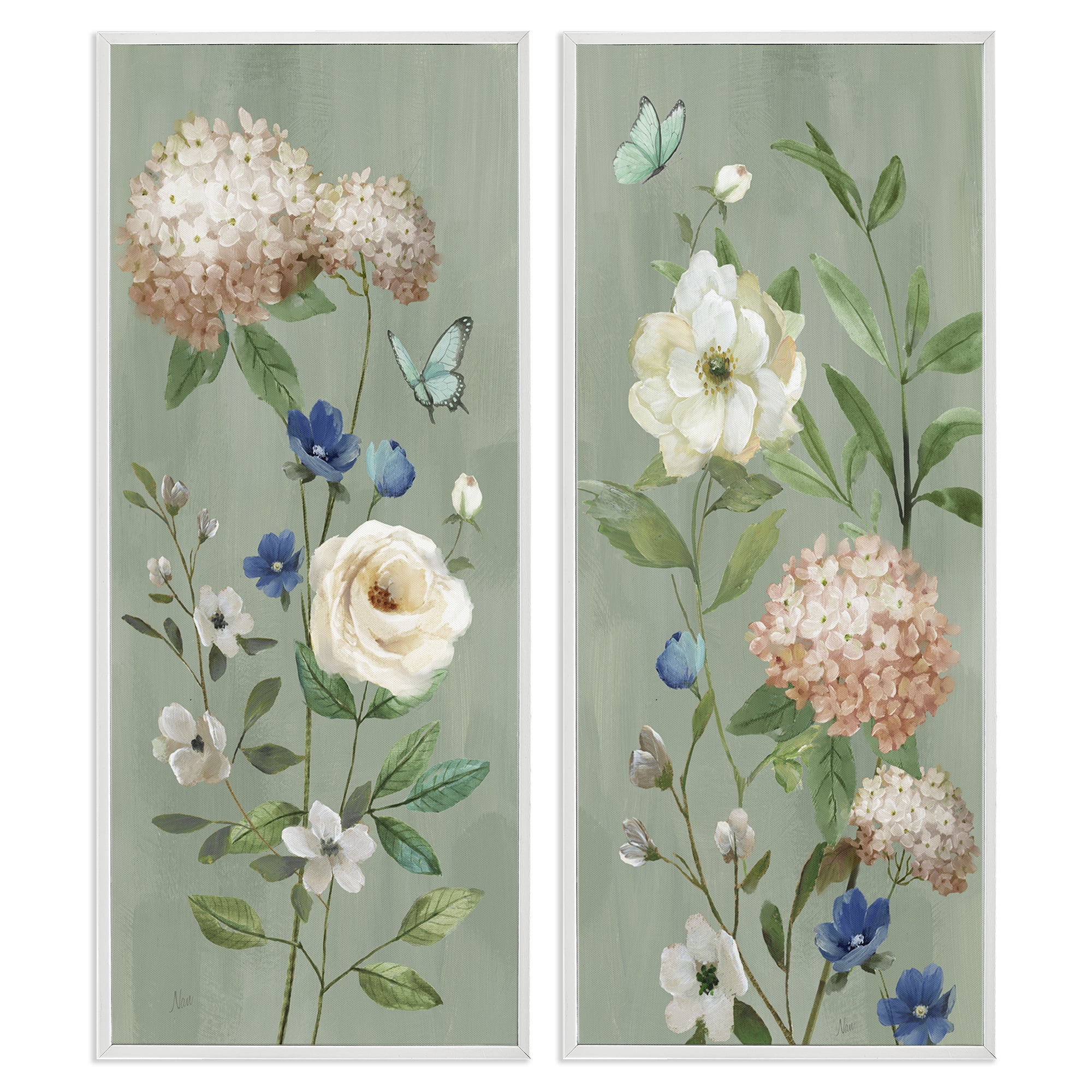 Stupell Industries Mint Hydrangeas & Roses 2 Piece White Framed Giclee Art Set, design by Nan