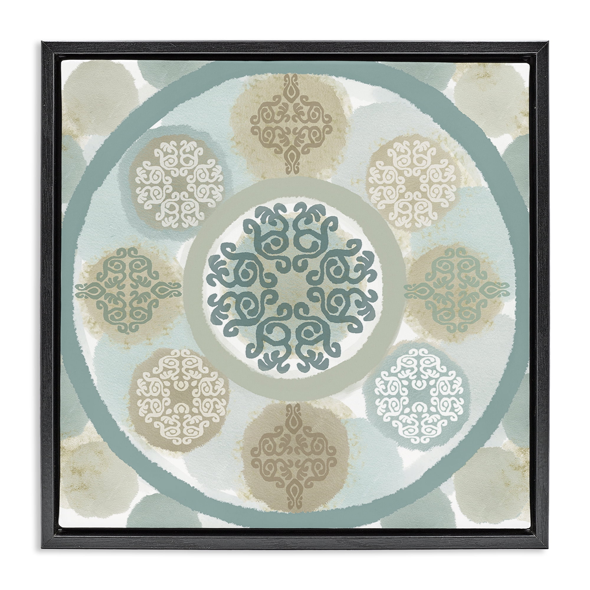 Stupell Industries Mint Mandala Fractals Abstract Painting Black Floater Framed Canvas Art Print Wall Art, 25 x 25