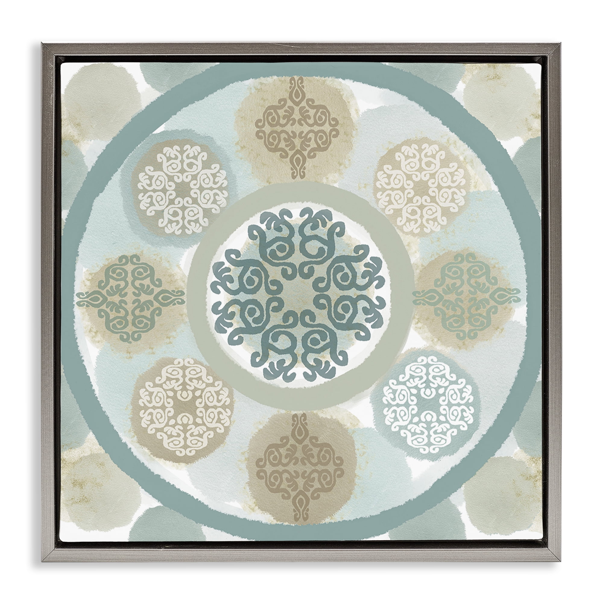 Stupell Industries Mint Mandala Fractals Abstract Painting Gray Floater Framed Canvas Art Print Wall Art, 18 x 18
