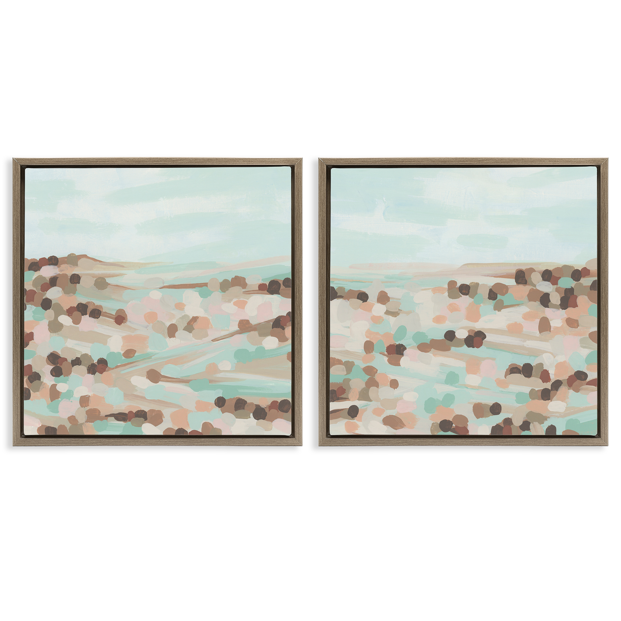 Stupell Industries Mint Pastel Abstract Vista Landscape & Nature Painting Brown Floater Framed Canvas Art Print Wall Art, 25 x 25, Set of 2