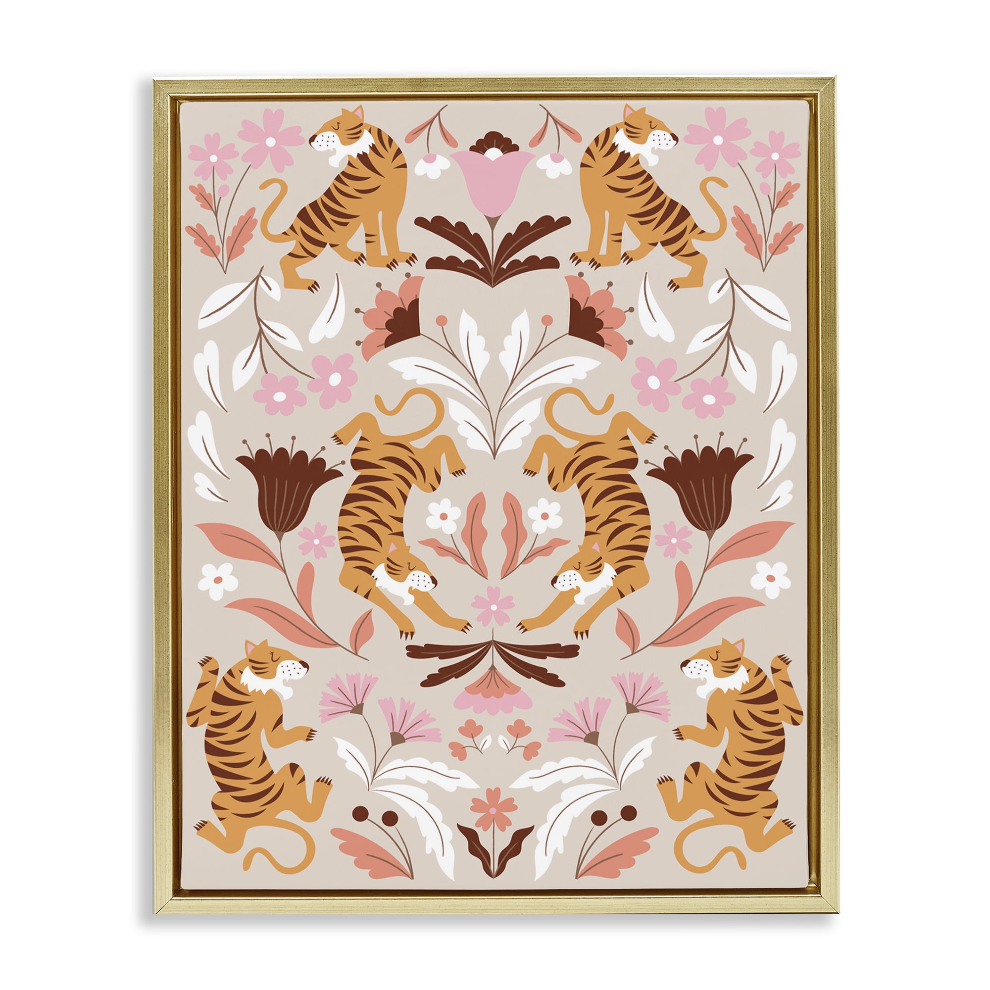 Stupell Industries Mirrored Boho Tigers Animals Painting Gold Floater Framed Canvas Art Print Wall Art, 25 x 31