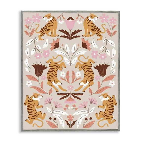 Stupell Industries Mirrored Boho Tigers Animals Painting Gray Framed Art Print Wall Art, 11 x 14