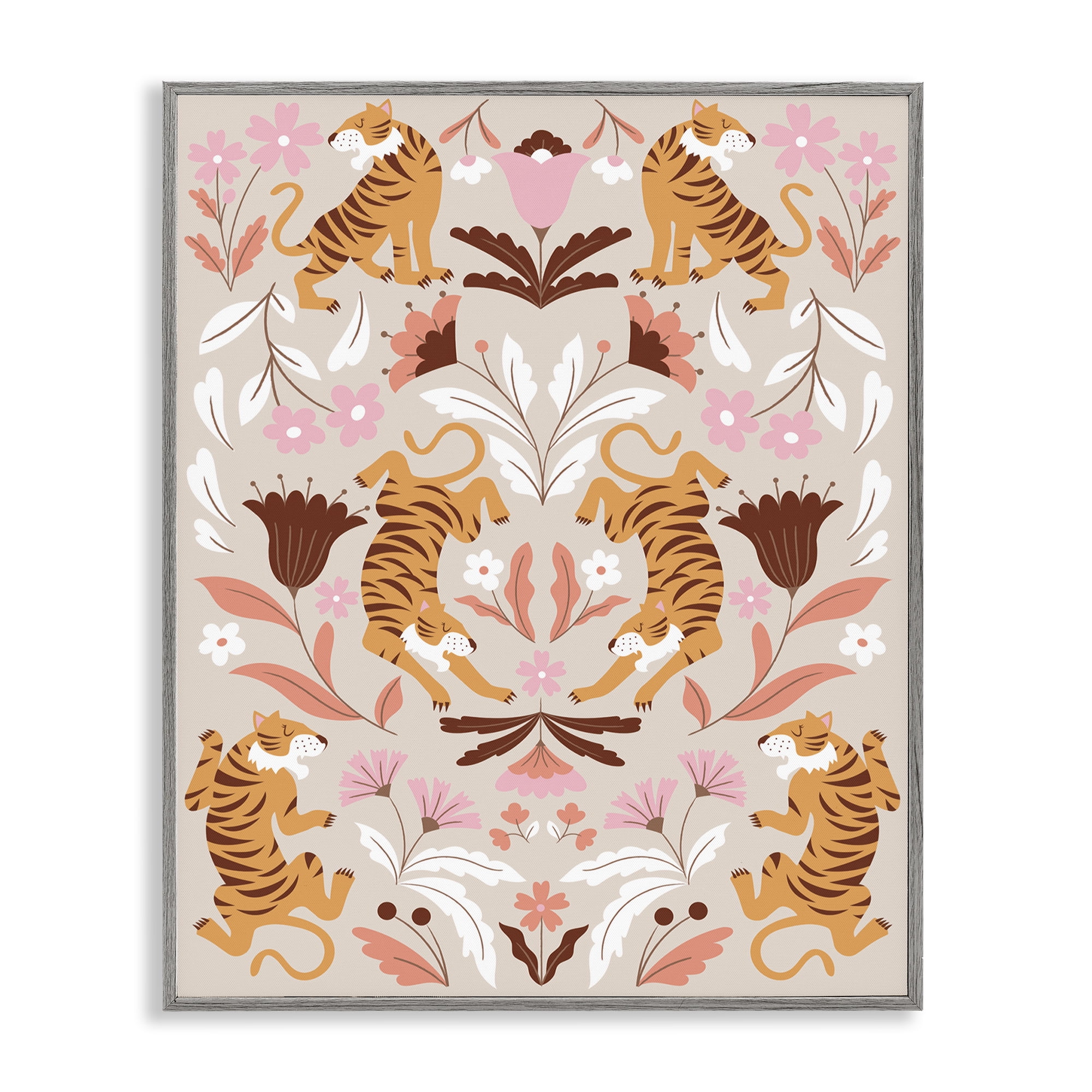 Stupell Industries Mirrored Boho Tigers Animals Painting Gray Framed Art Print Wall Art, 24 x 30