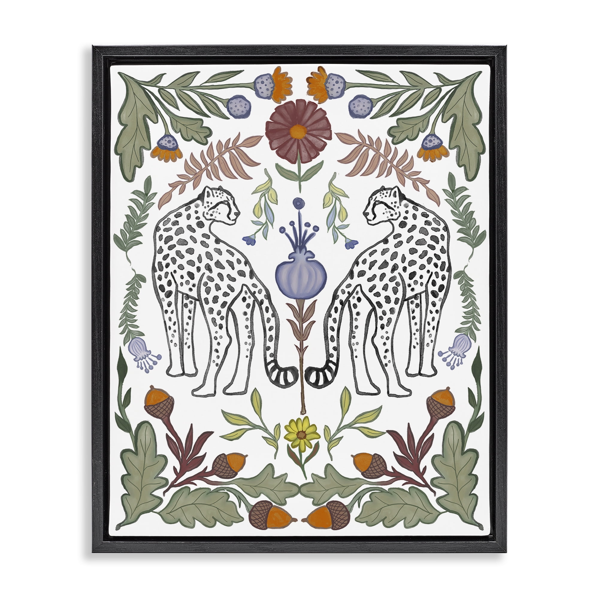 Stupell Industries Mirrored Plants with Leopards Animals Painting Black Floater Framed Canvas Art Print Wall Art, 25 x 31