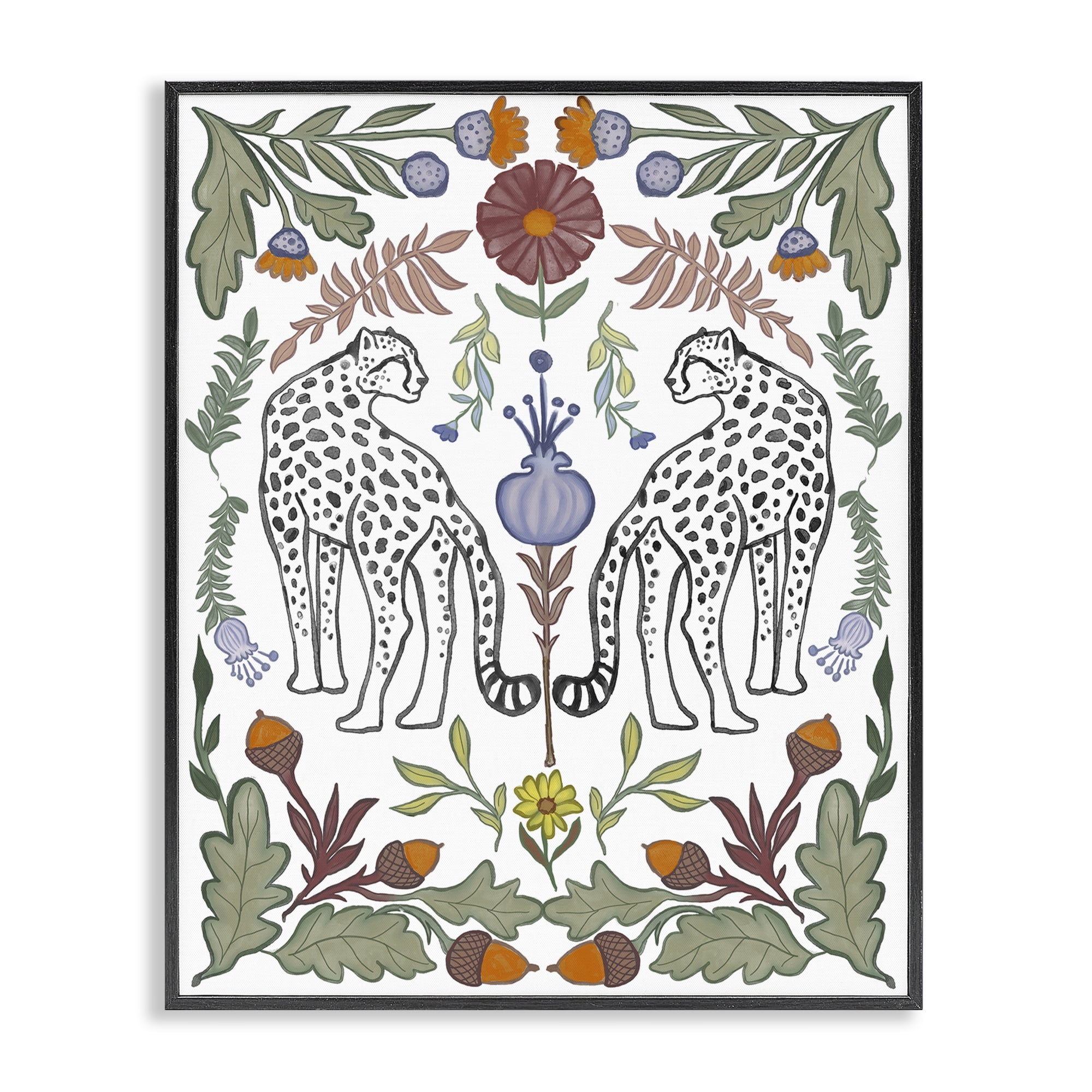 Stupell Industries Mirrored Plants with Leopards Animals Painting Black Framed Art Print Wall Art, 11 x 14