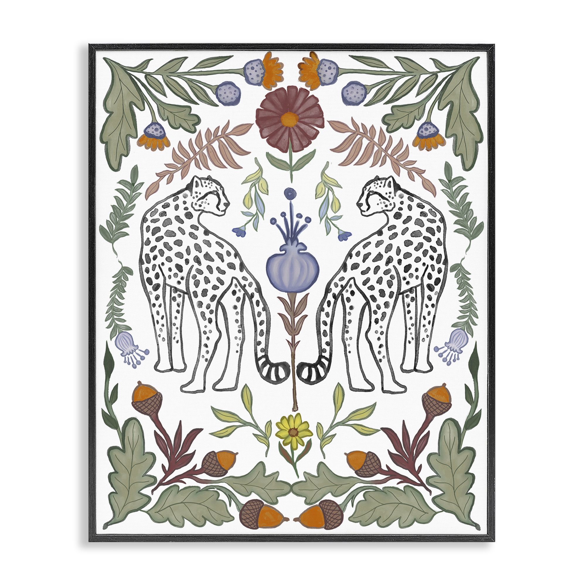 Stupell Industries Mirrored Plants with Leopards Animals Painting Black Framed Art Print Wall Art, 24 x 30