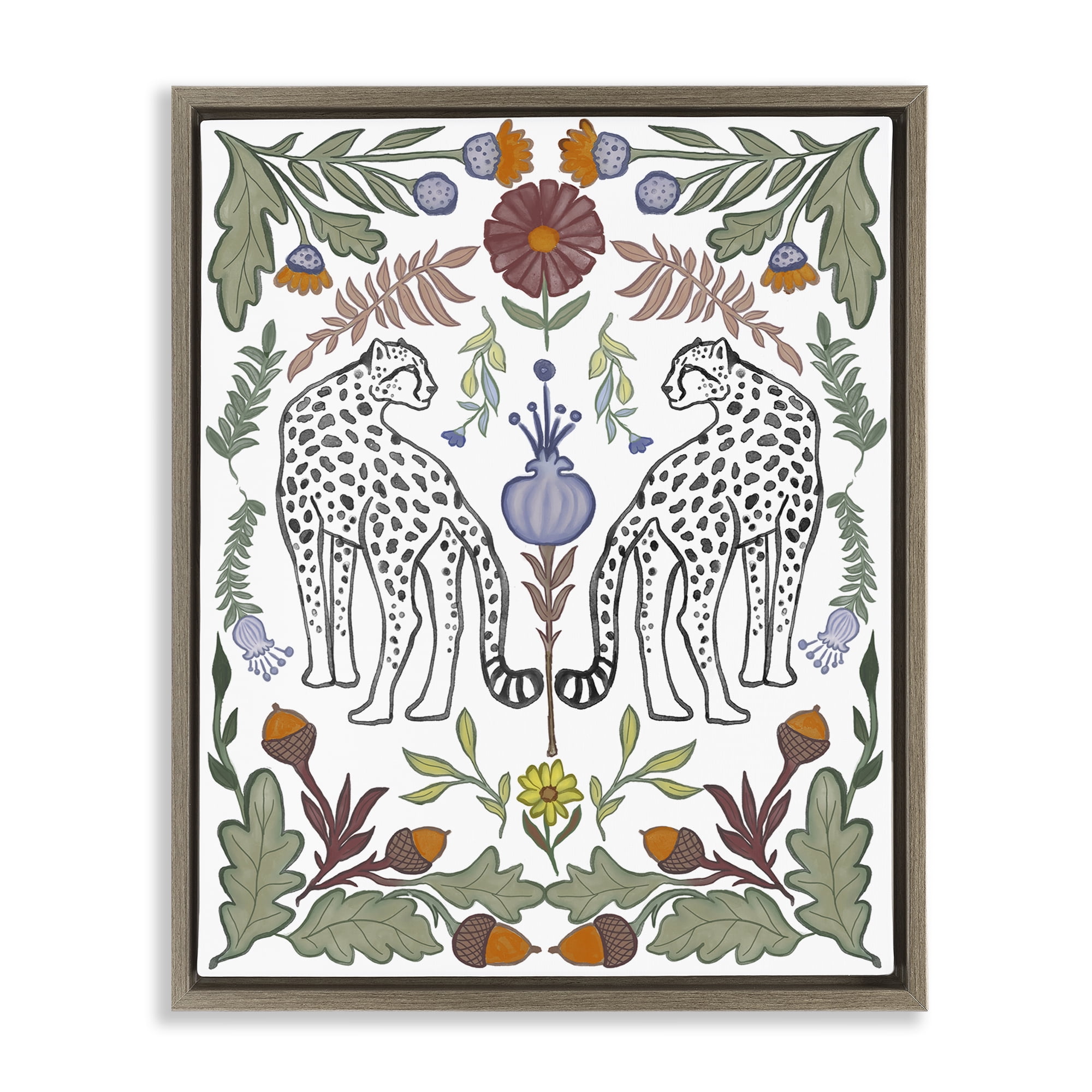 Stupell Industries Mirrored Plants with Leopards Animals Painting Brown Floater Framed Canvas Art Print Wall Art, 25 x 31