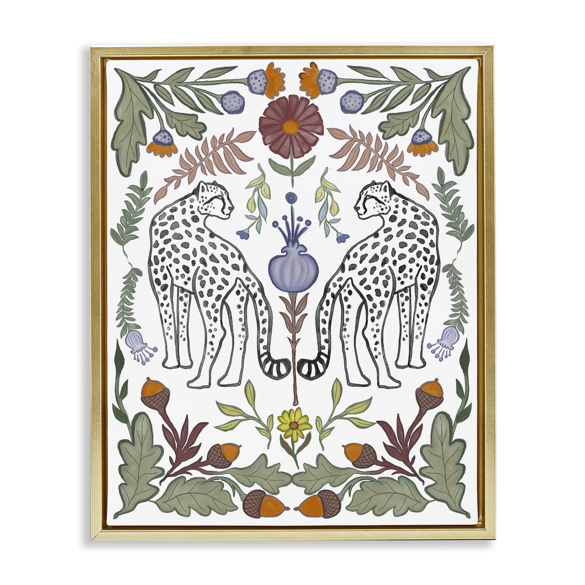 Stupell Industries Mirrored Plants with Leopards Animals Painting Gold Floater Framed Canvas Art Print Wall Art, 17 x 21