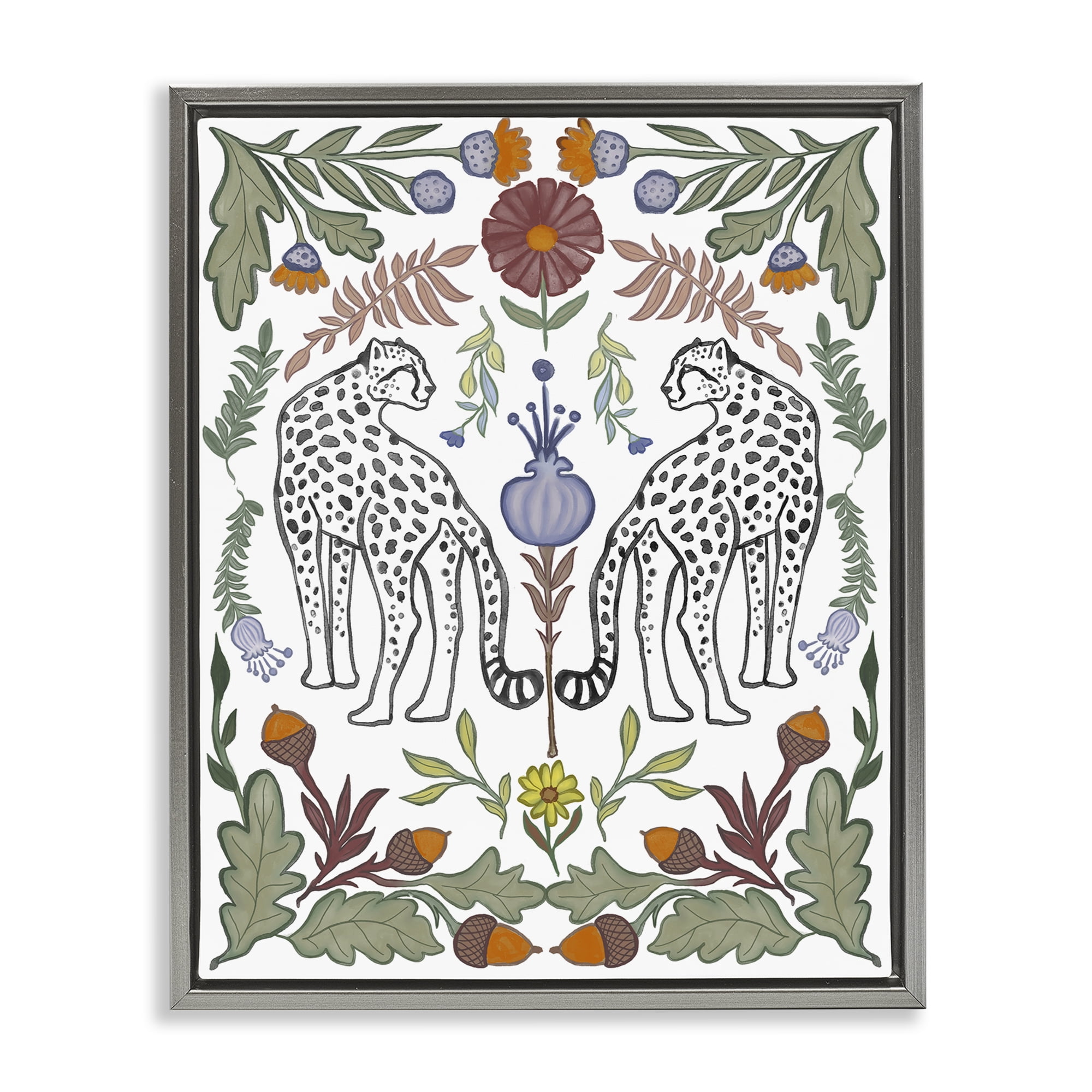 Stupell Industries Mirrored Plants with Leopards Animals Painting Gray Floater Framed Canvas Art Print Wall Art, 25 x 31