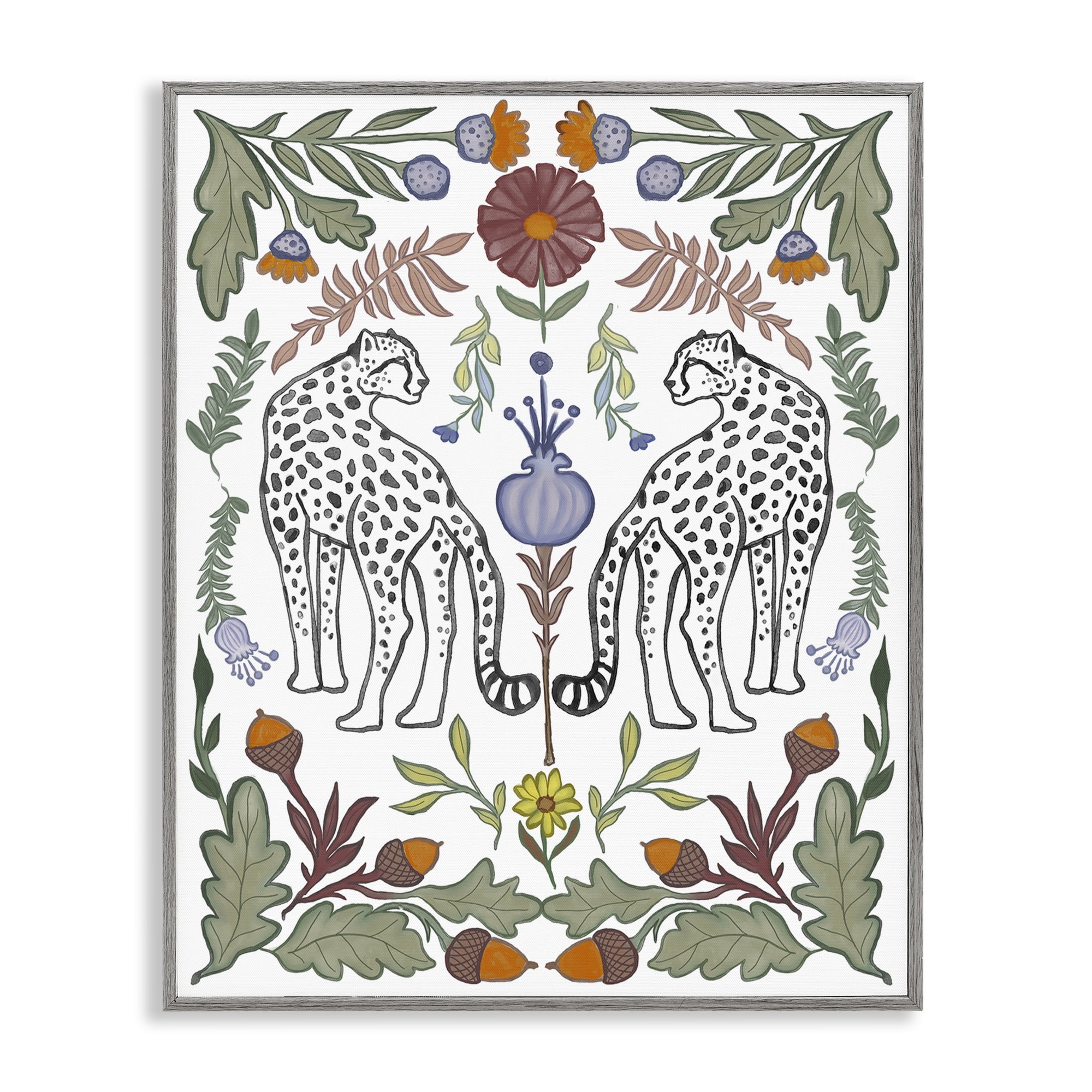Stupell Industries Mirrored Plants with Leopards Animals Painting Gray Framed Art Print Wall Art, 16 x 20