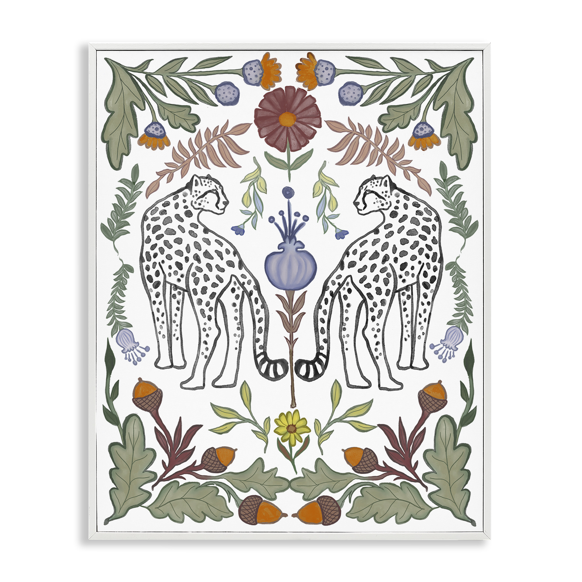 Stupell Industries Mirrored Plants with Leopards Animals Painting White Framed Art Print Wall Art, 24 x 30