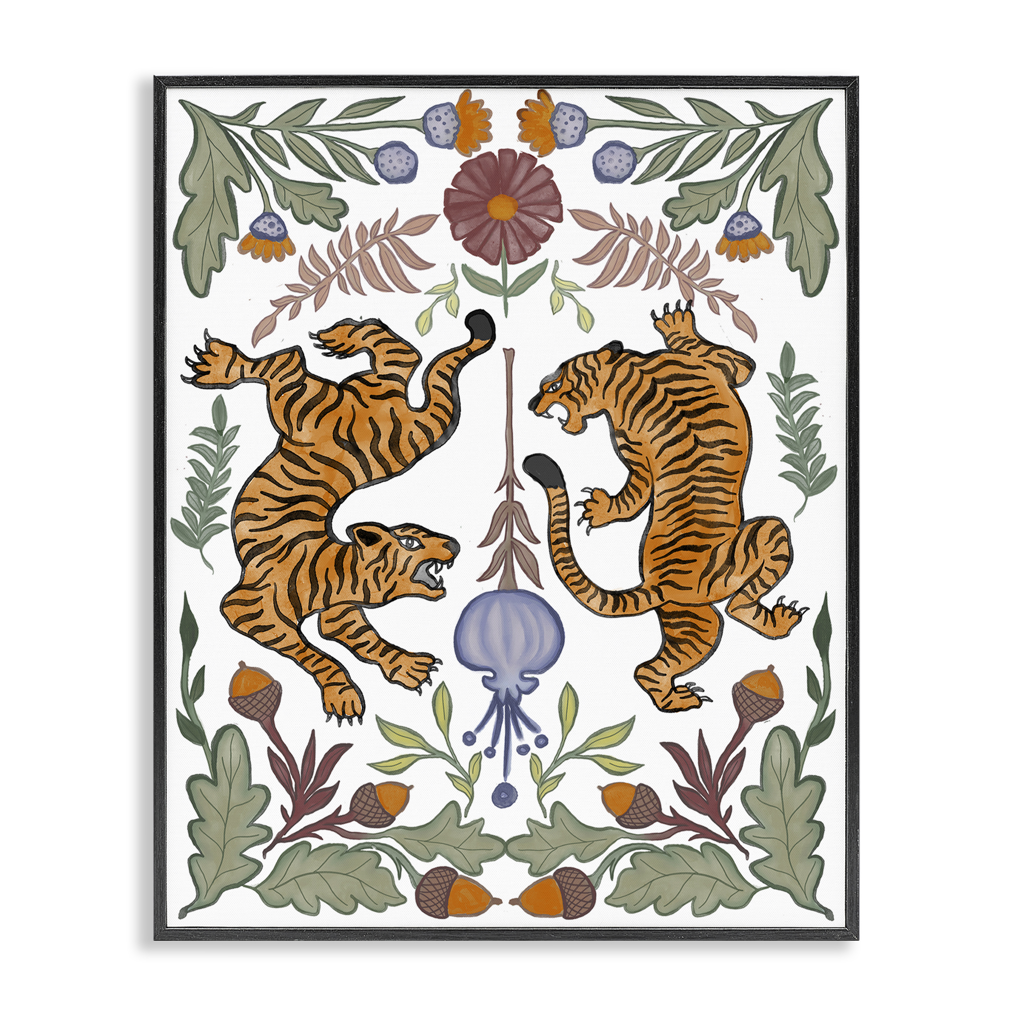 Stupell Industries Mirrored Plants with Tigers Animals Painting Black Framed Art Print Wall Art, 16 x 20