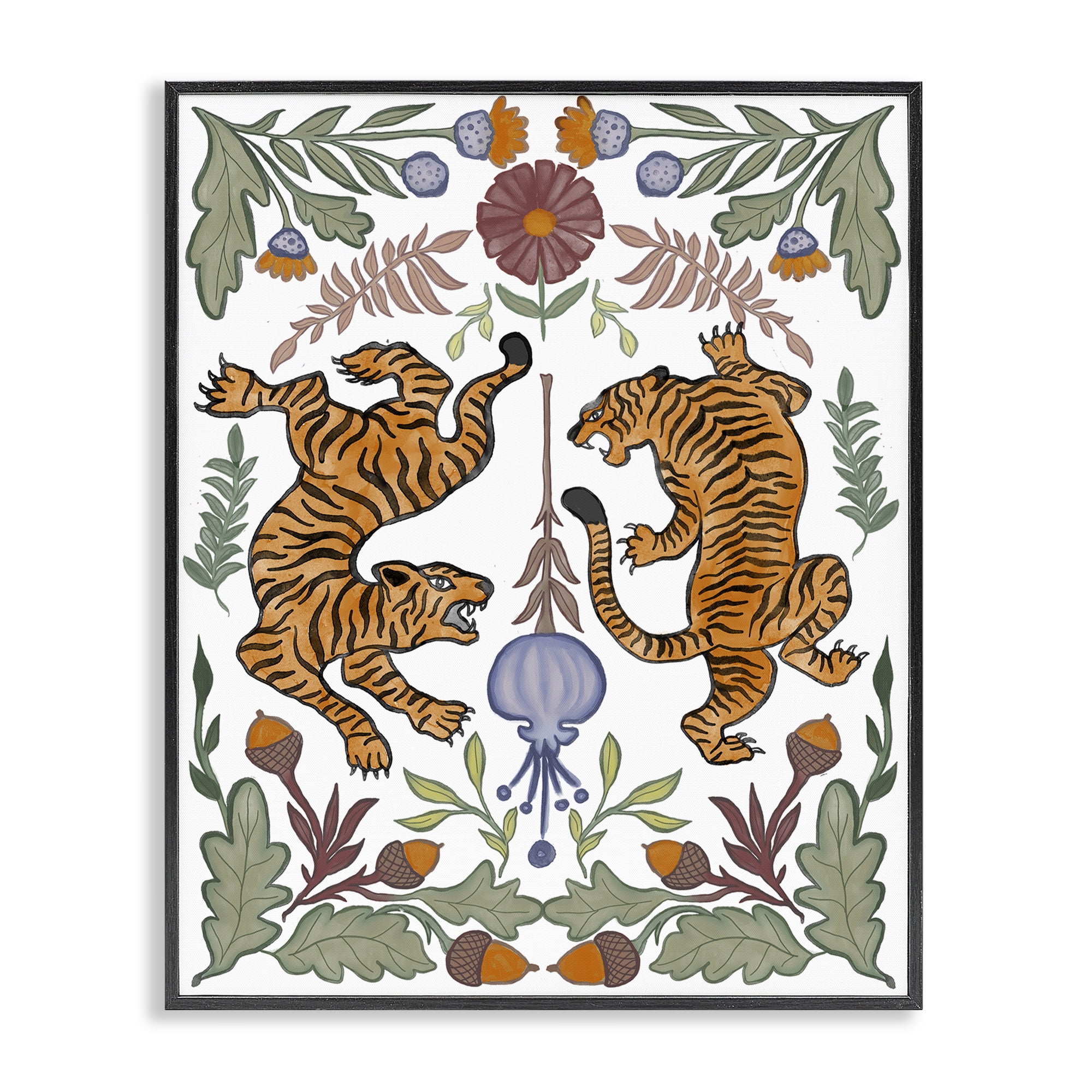Stupell Industries Mirrored Plants with Tigers Animals Painting Black Framed Art Print Wall Art, 24 x 30