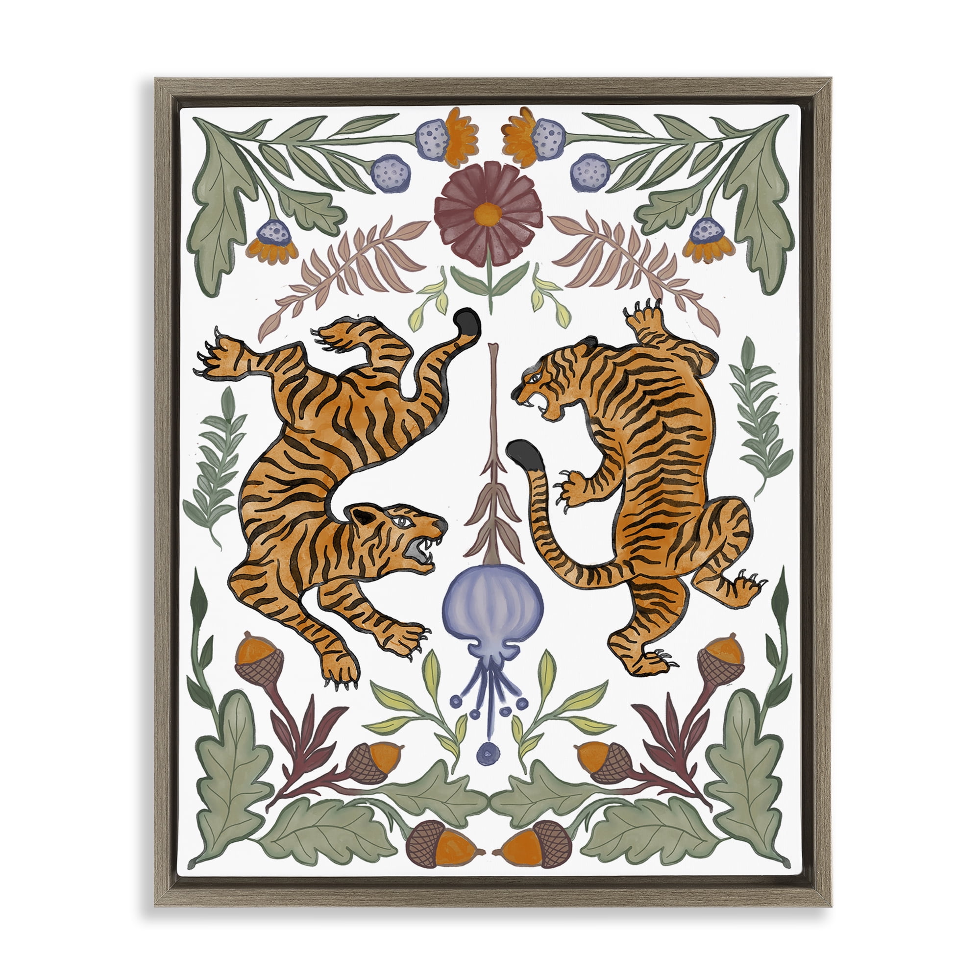 Stupell Industries Mirrored Plants with Tigers Animals Painting Brown Floater Framed Canvas Art Print Wall Art, 17 x 21