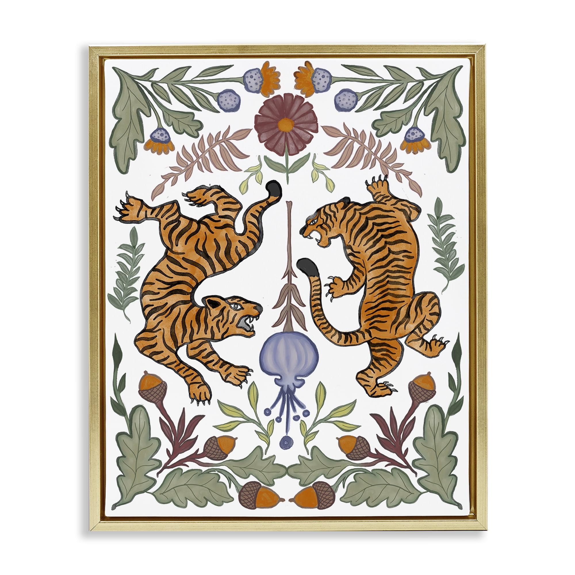 Stupell Industries Mirrored Plants with Tigers Animals Painting Gold Floater Framed Canvas Art Print Wall Art, 17 x 21