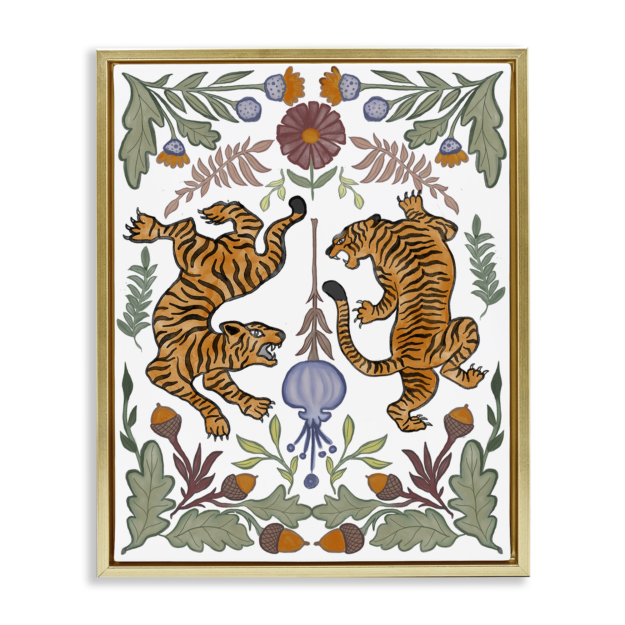 Stupell Industries Mirrored Plants with Tigers Animals Painting Gold Floater Framed Canvas Art Print Wall Art, 25 x 31