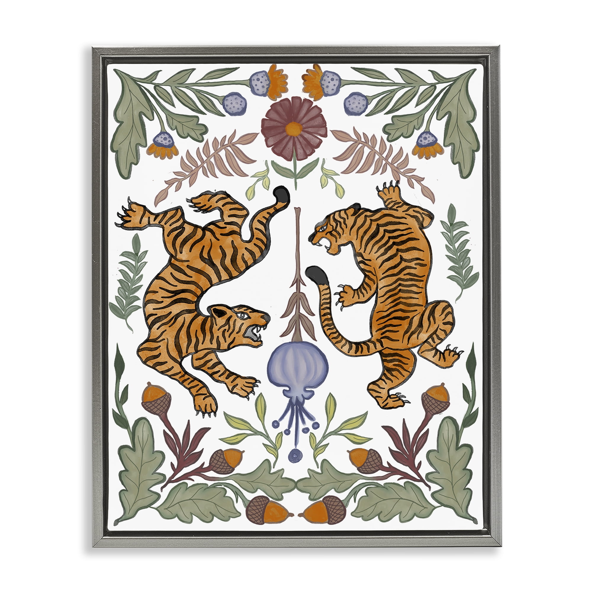 Stupell Industries Mirrored Plants with Tigers Animals Painting Gray Floater Framed Canvas Art Print Wall Art, 25 x 31