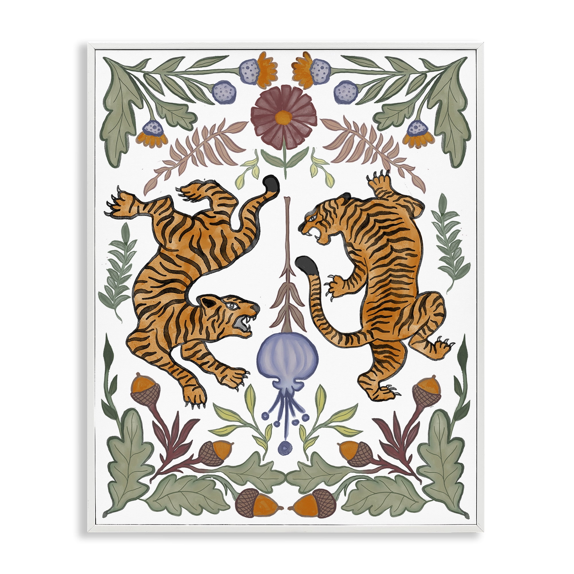 Stupell Industries Mirrored Plants with Tigers Animals Painting White Framed Art Print Wall Art, 16 x 20