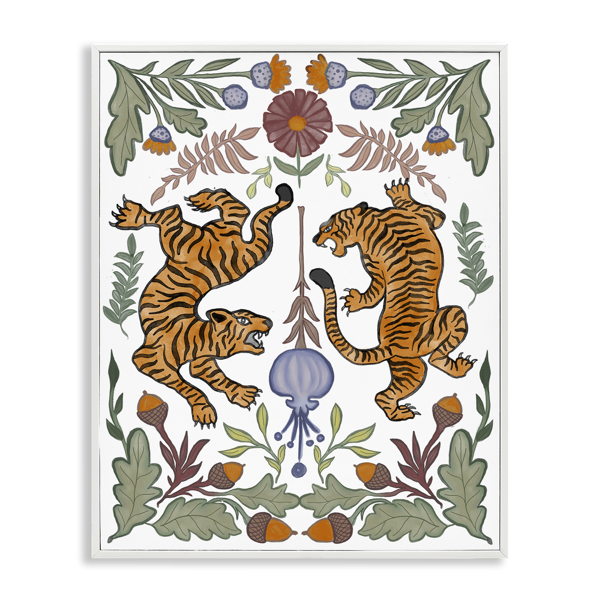 Stupell Industries Mirrored Plants with Tigers Animals Painting White Framed Art Print Wall Art, 24 x 30