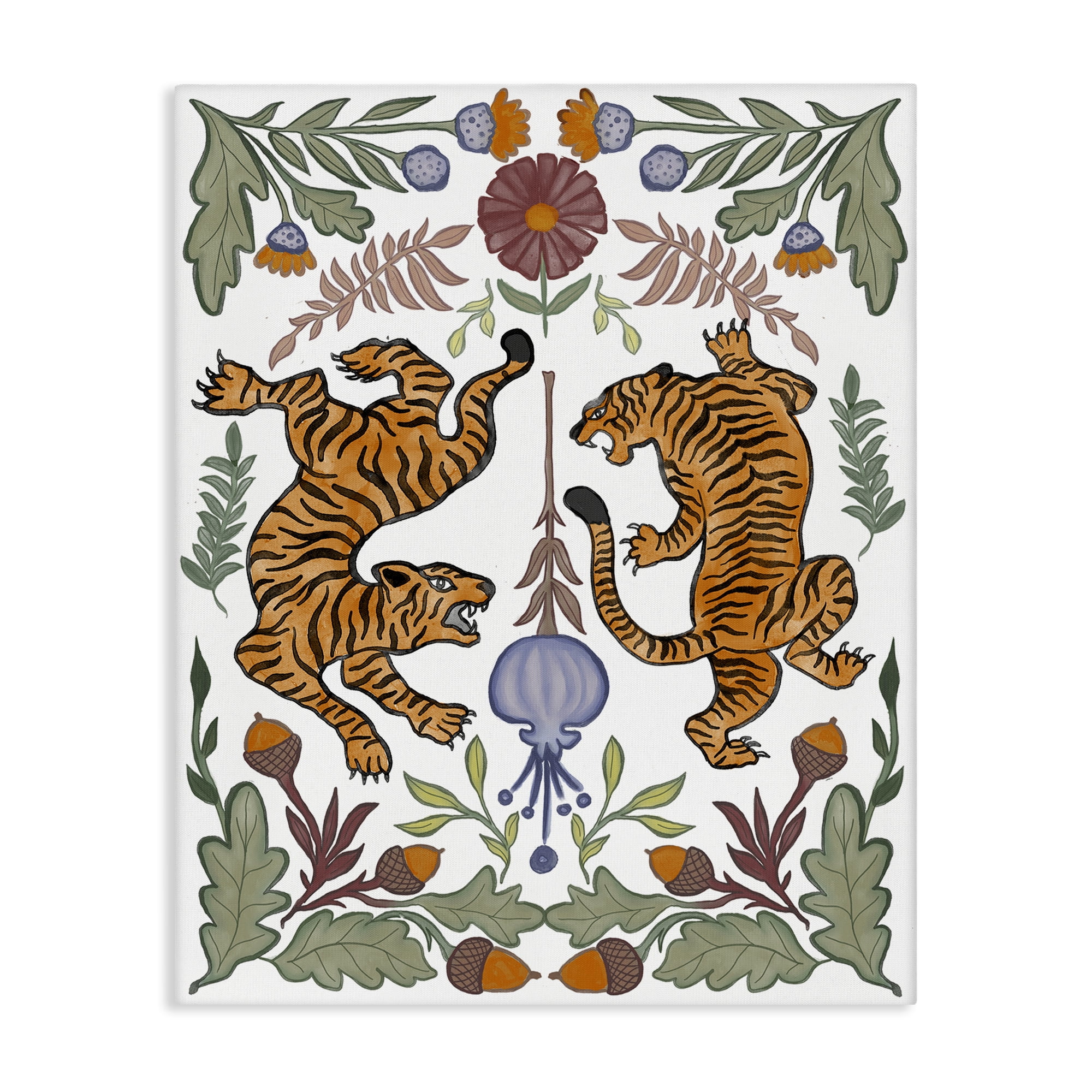 Stupell Industries Mirrored Plants with Tigers Animals Painting Wrapped Canvas Art Print Wall Art, 16 x 20