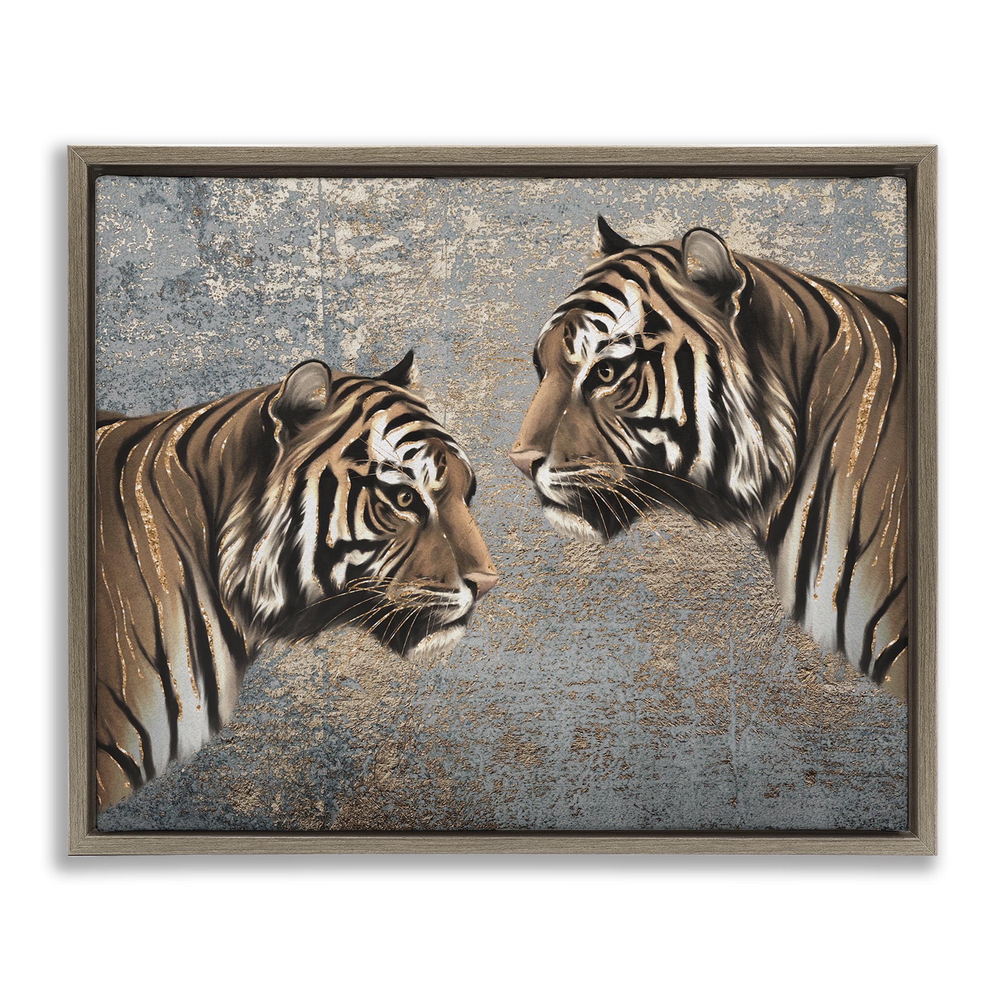 Stupell Industries Mirrored Tiger Duo Animals Painting Brown Floater Framed Canvas Art Print Wall Art, 21 x 17