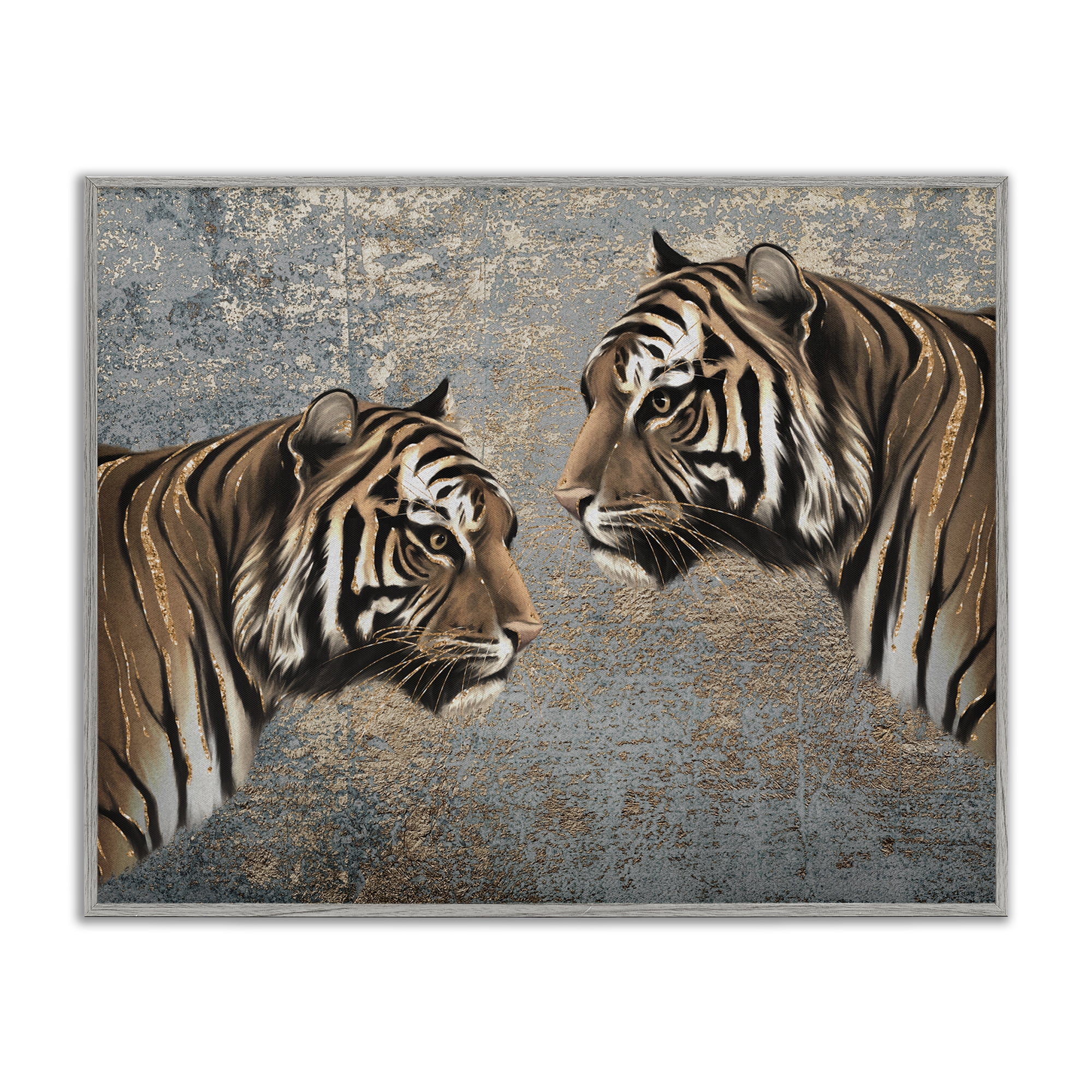 Stupell Industries Mirrored Tiger Duo Animals Painting Gray Framed Art Print Wall Art, 30 x 24