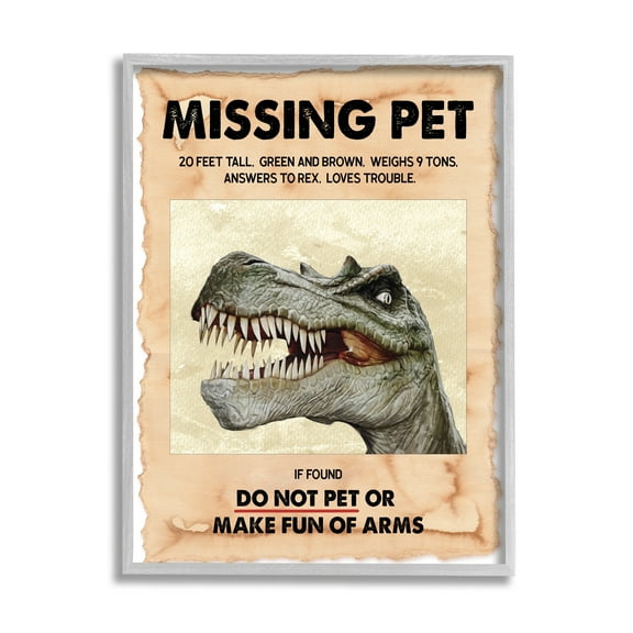 Stupell Industries Missing Pet Dinosaur Sign T-Rex Ancient Reptile Animals & Insects Painting Black Framed Art Print Wall Art, 11 x 14