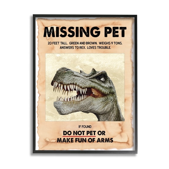 Stupell Industries Missing Pet Dinosaur Sign T-Rex Ancient Reptile Animals & Insects Painting Black Framed Art Print Wall Art, 16 x 20