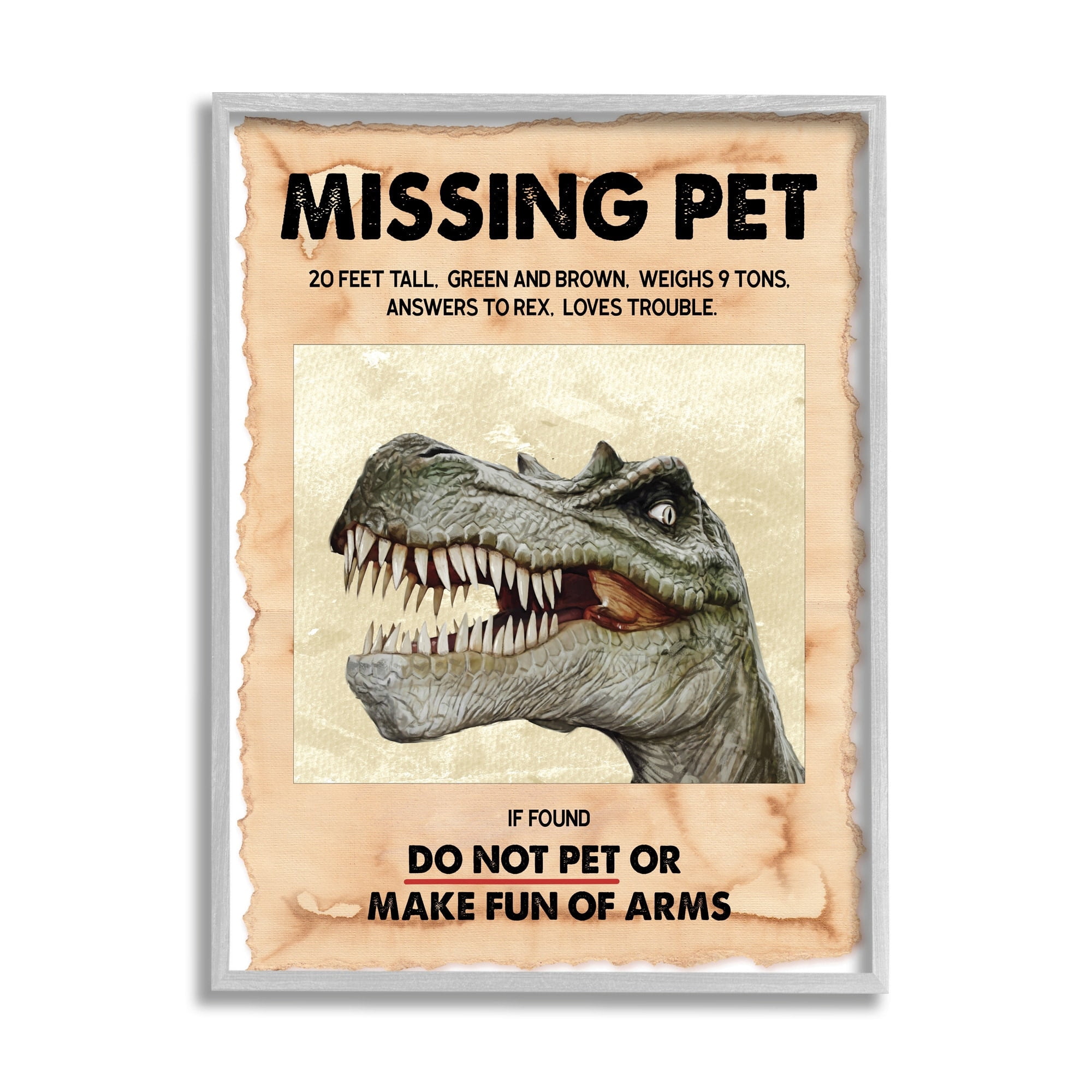 Stupell Industries Missing Pet Dinosaur Sign T-Rex Ancient Reptile Animals & Insects Painting Gray Framed Art Print Wall Art, 16 x 20