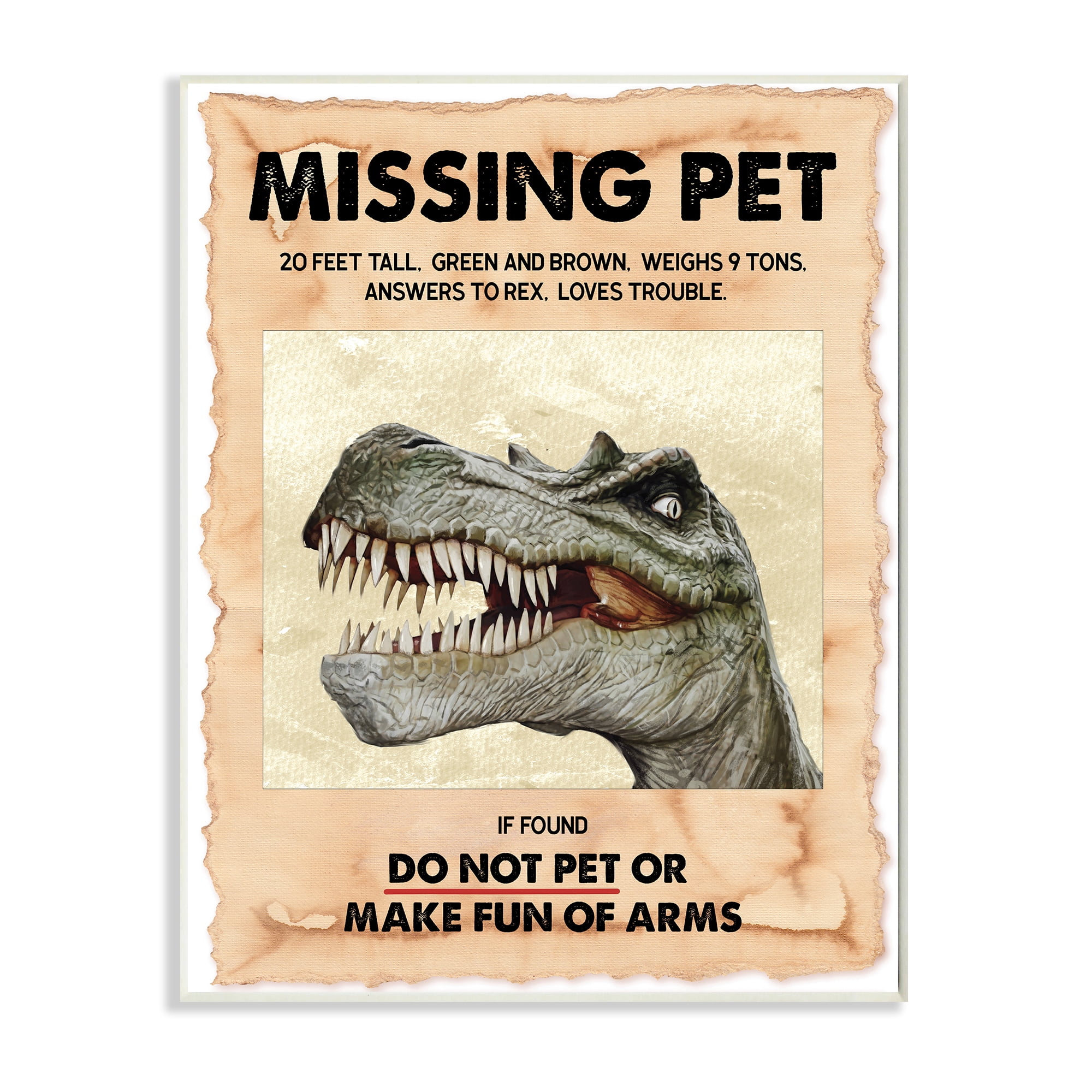 Stupell Industries Missing Pet Dinosaur Sign T-Rex Ancient Reptile Animals & Insects Painting Unframed Art Print Wall Art, 10 x 15