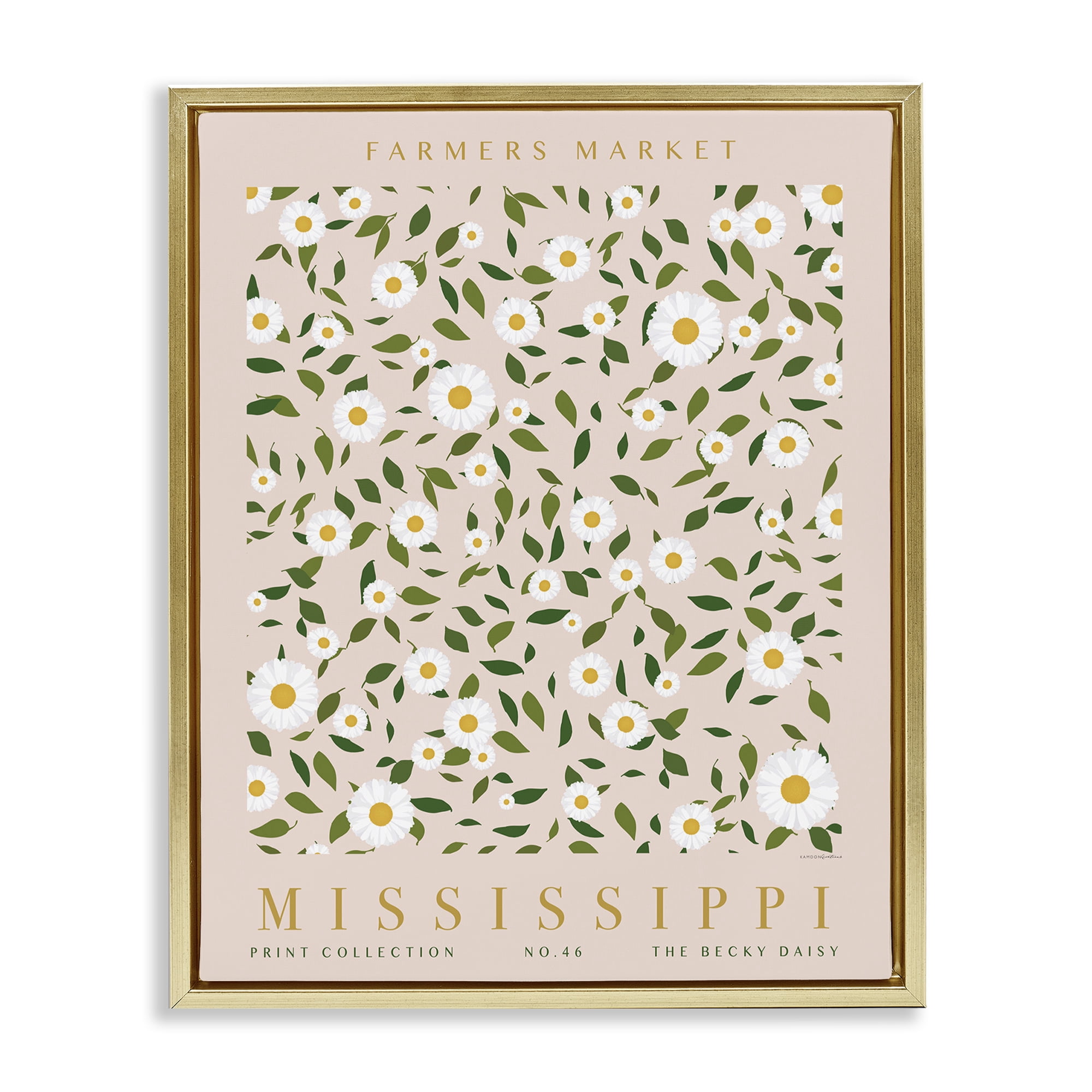 Stupell Industries Mississippi Daisy Pattern Typography Painting Gold Floater Framed Art Print Wall Art, 17 x 21