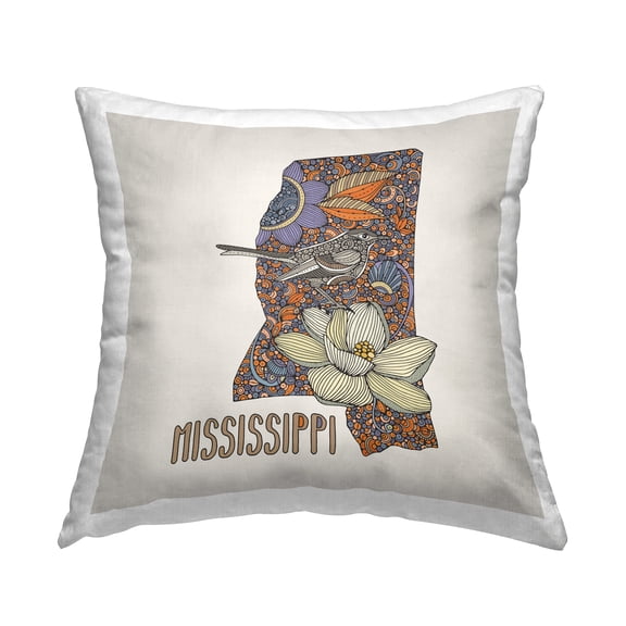 Stupell Industries Mississippi Floral State Bird Square Decorative Printed Throw Pillow, 18 x 18,